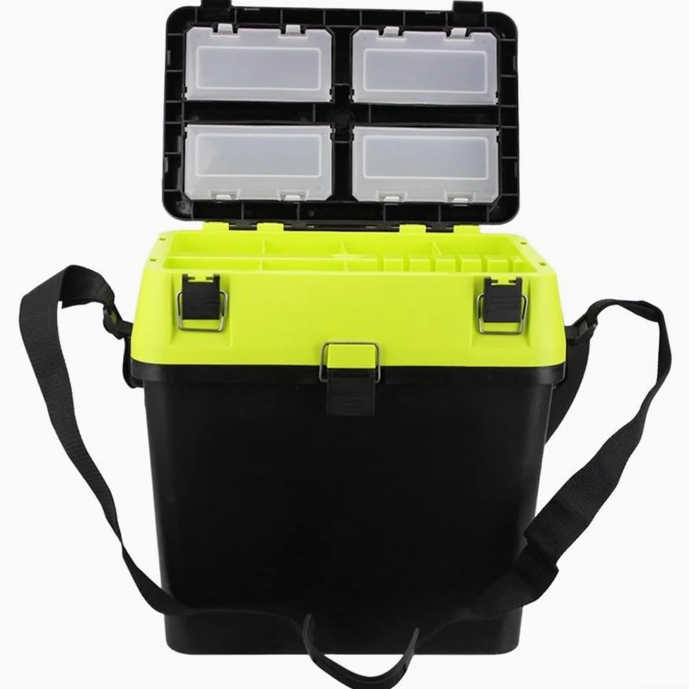 Caja de aparejos de pesca con correas ergonómicas, asiento desmontable, interior modular y sistema de hebilla superior segura (azul)