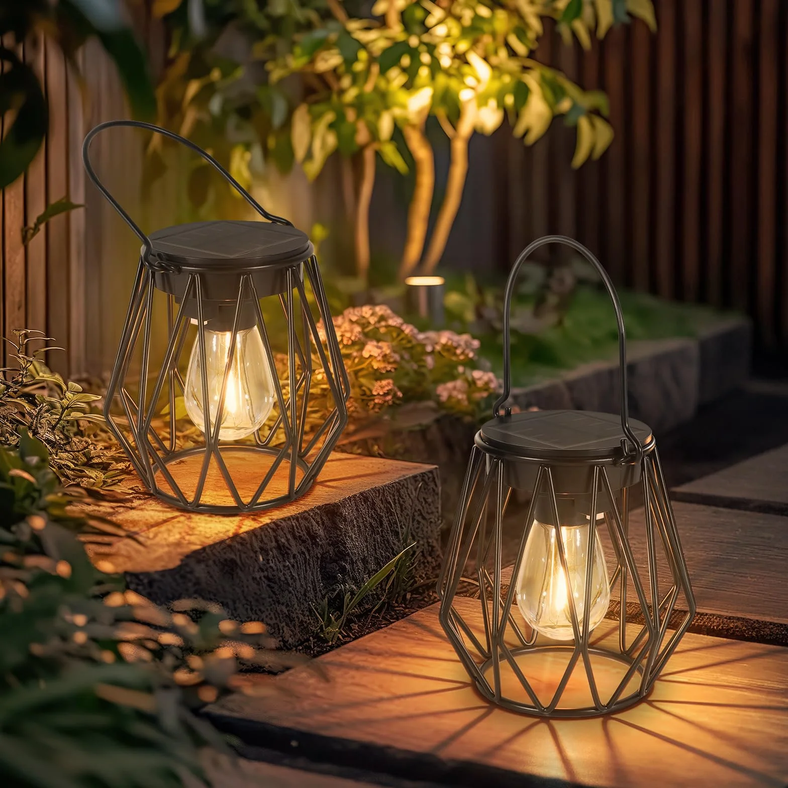 Farolillos Solares Exterior LED 2 Lamparas Solares Colgante Metal IP65 Impermeable Jardin