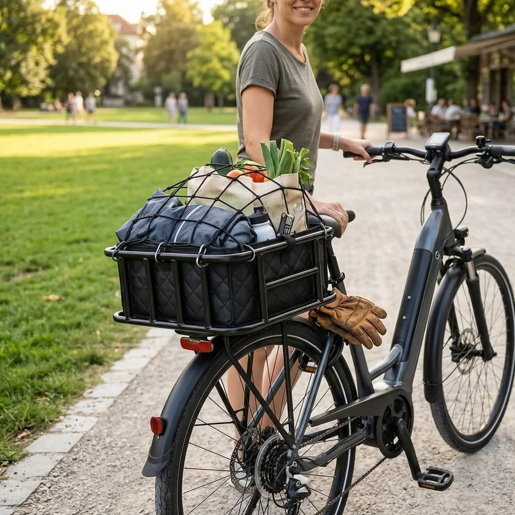 QWORK® Cesto Bicicleta Trasero, Gran cesto Metal con Red de Carga y Forro, para la mayoría de Bicicletas y Bicicletas eléctricas