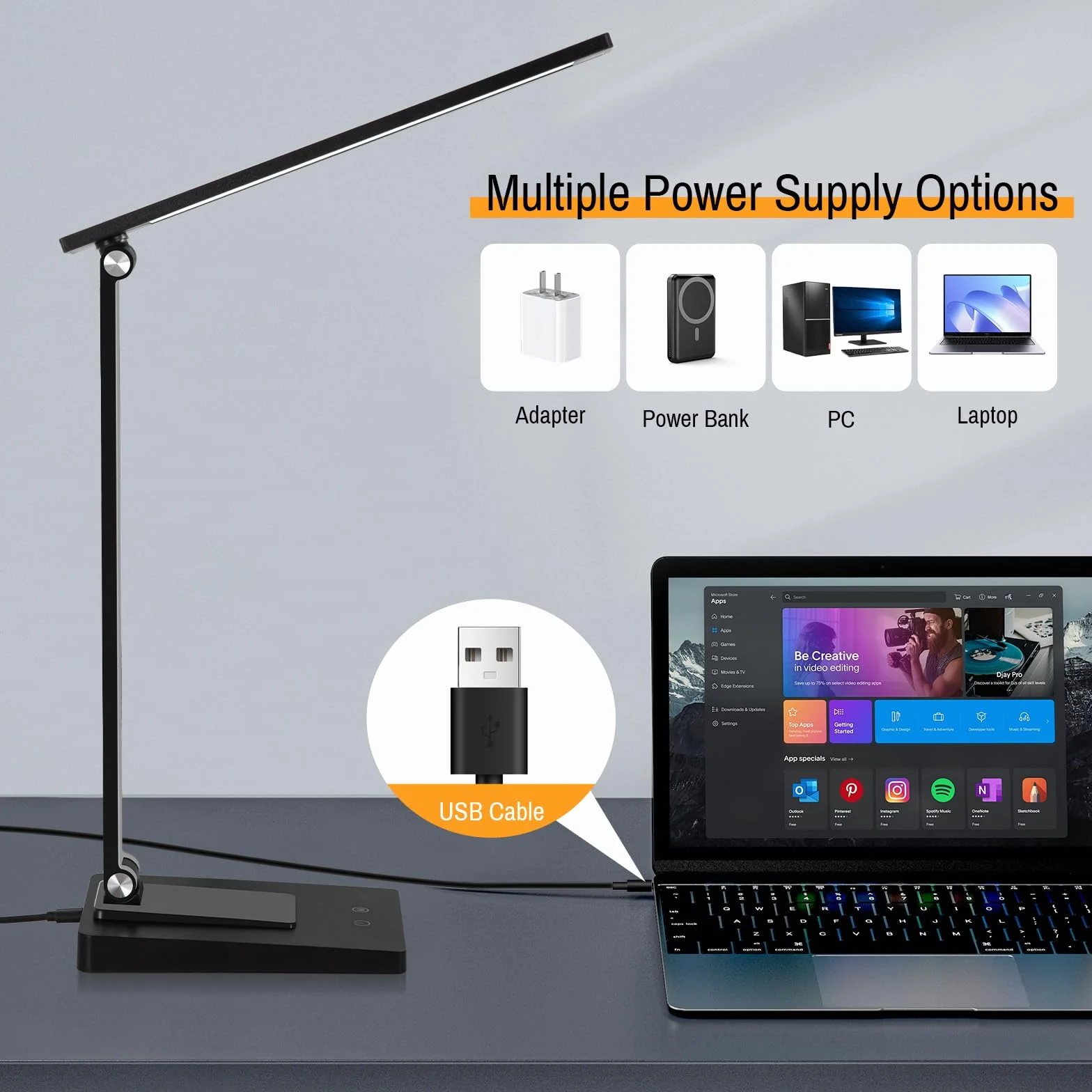 Lámpara Escritorio LED, 800LM 2600mAh Flexo LED Escritorio sin Cable, 5 Modos, 5 Niveles de Brillo Lámpara de Mesa Aluminio & Plegable con Puerto USB para Cama, Estudiar