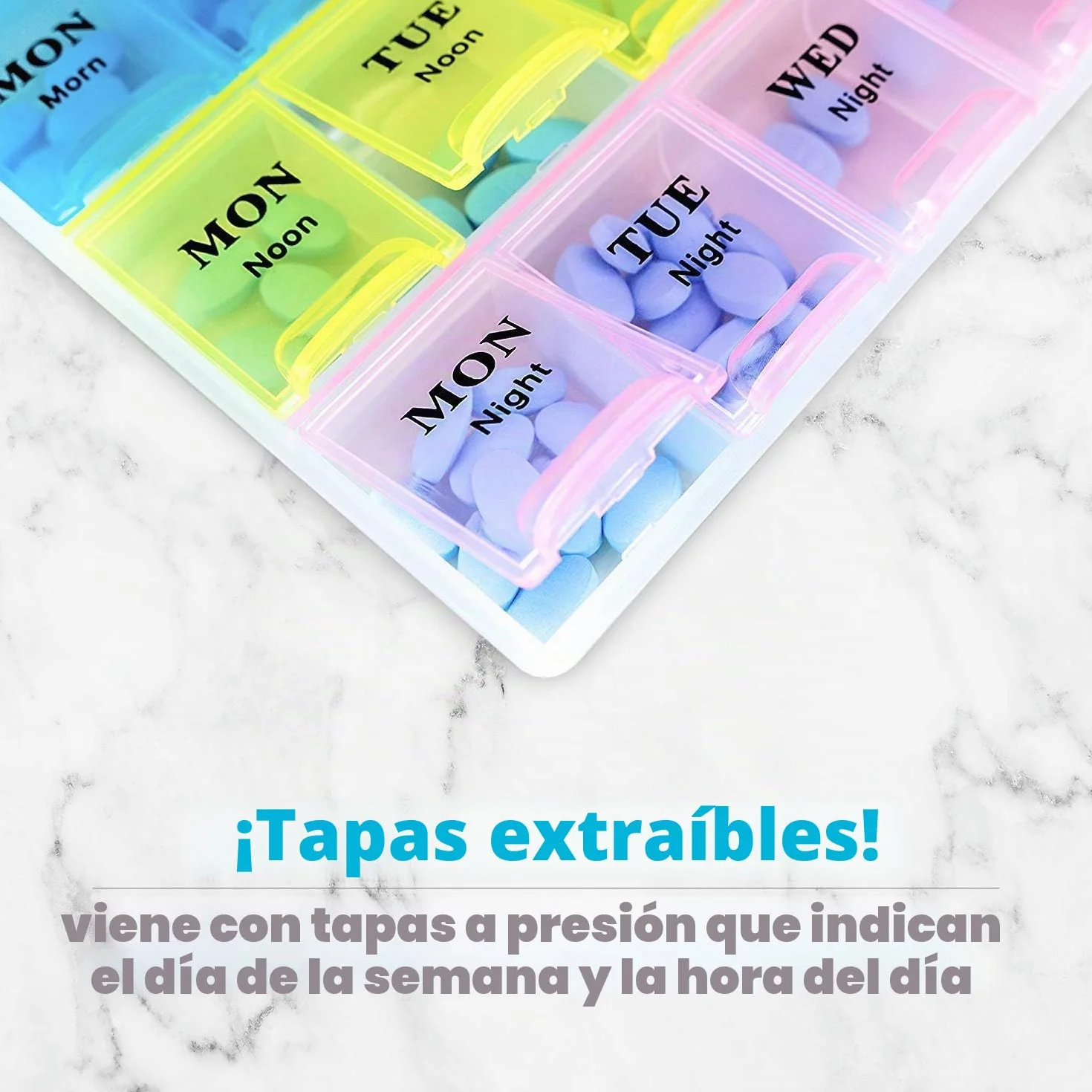 Pastillero semanal para vitaminas y medicamentos, organizador 21 tomas, 3 tomas diarias, 2 unidades