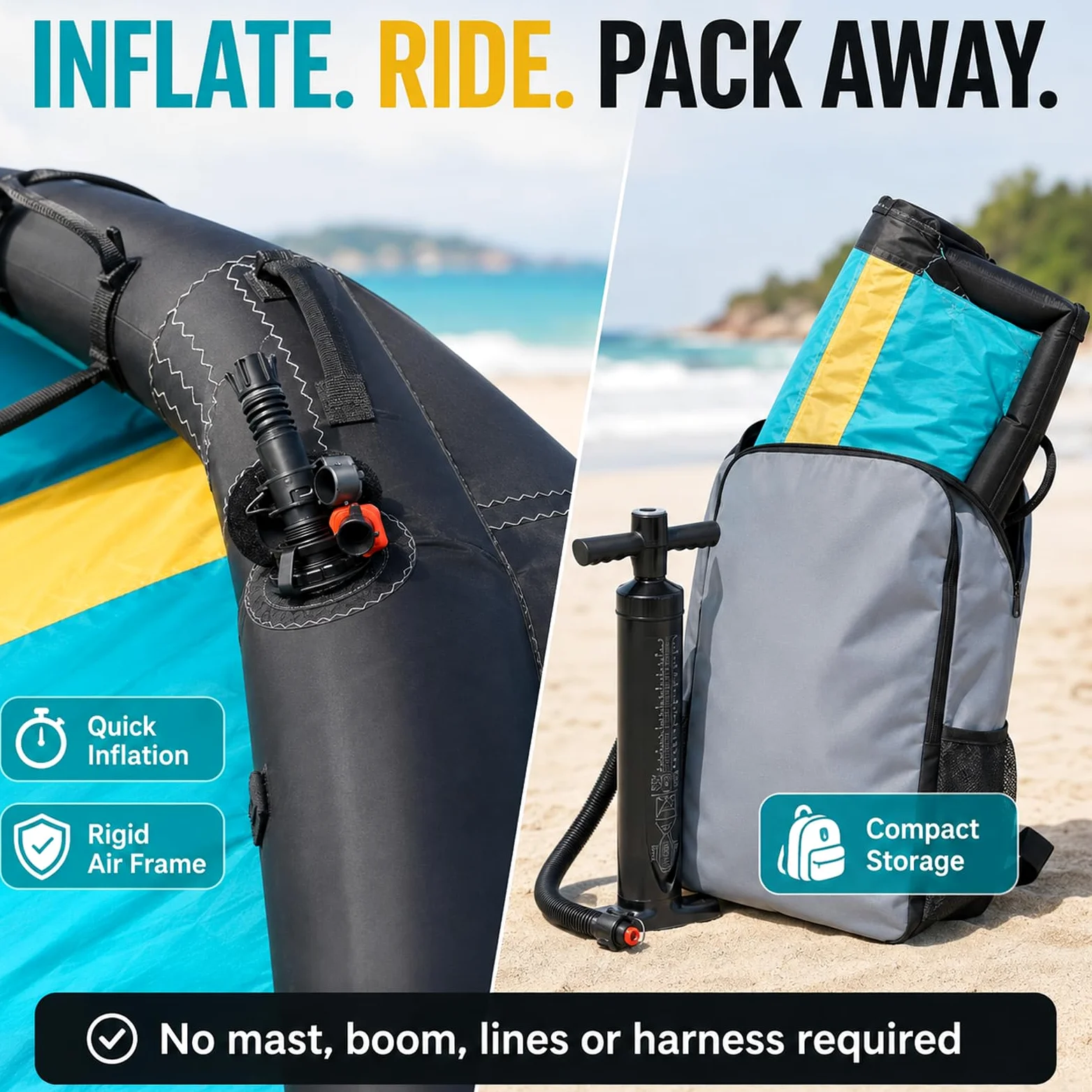 Ala de Surf Hinchable Portátil para Wing Foil y Deportes Acuáticos | Poliéster y TPU, Correa Incluida, Tres Tamaños Disponibles, Montaje Sencillo y Transporte Compacto