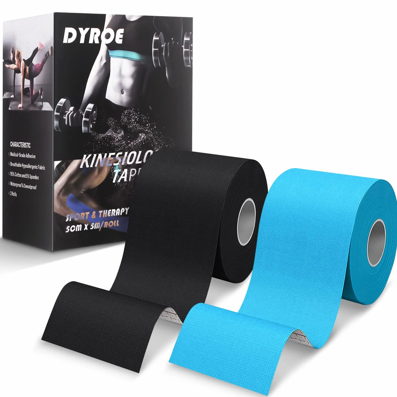 Cinta de Kinesiología Tape 2 Rollos 5m x 5cm Azul y Negro Deportiva Elástica Sin Látex Resistente al Agua