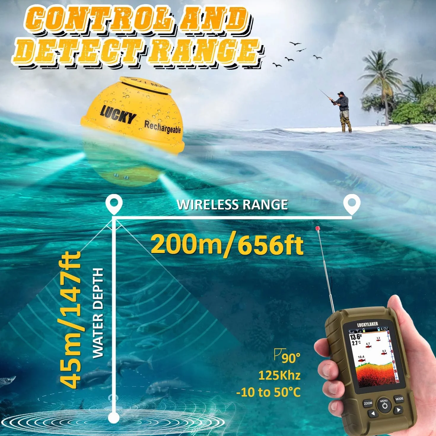 LUCKY Buscador de Peces Sonar portátil Buscadores de Peces de Pesca de Profundidad de Barco Portátil Impermeable Buscador de Pesca inalámbrico Transductor de Kayak para la Pesca en Hielo