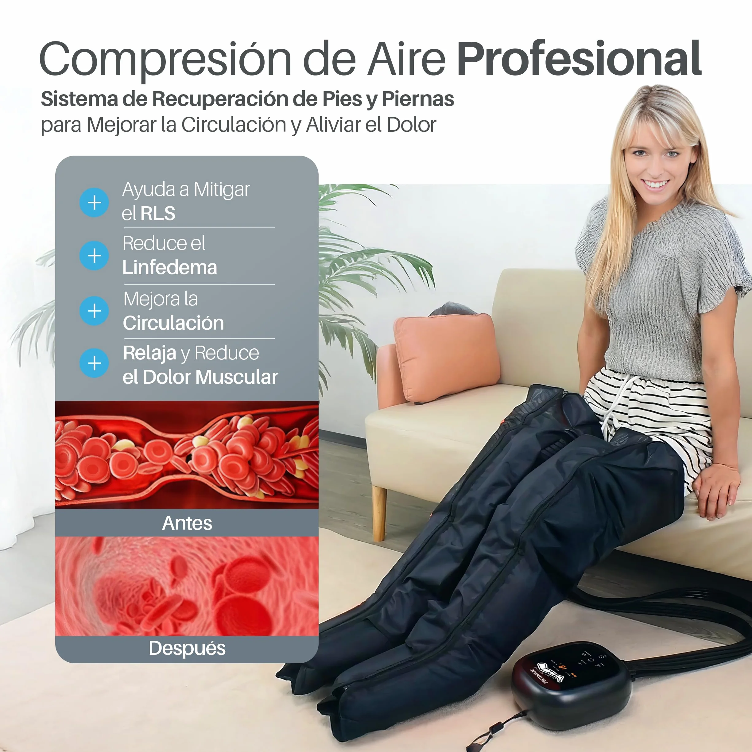 PORTENTUM Presoterapia Masajeador Piernas Abdomen 8 Modos 3 Intensidades Mando LCD USB-C Accesorios Brazo Cintura Bolsa Transporte