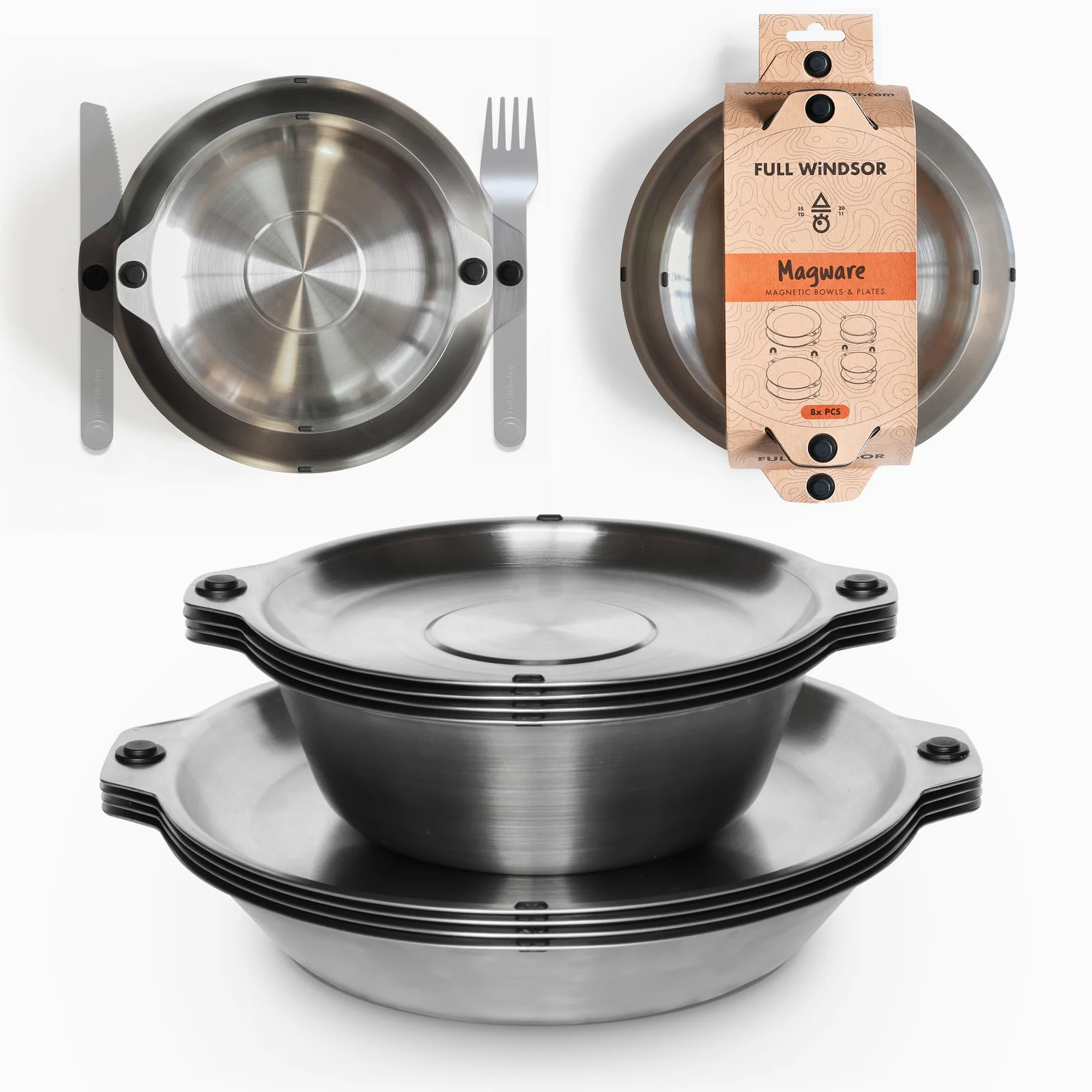 Full Windsor MAGWARE - Juego de cuencos y platos magnéticos – Vajilla de viaje de acero inoxidable para camping, mochileros, picnics y comedor al aire libre – Kit portátil y reutilizable para acampar