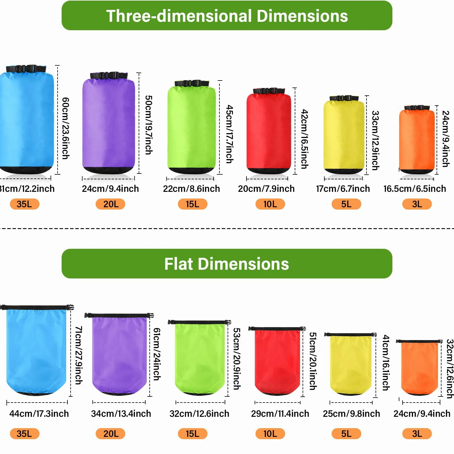 6 bolsas impermeables ligeras para exteriores, 35 L, 20 L, 15 L, 10 L, 5 L, 3 L, bolsa impermeable para barco, kayak, mochilero, senderismo, camping, rafting (color fluorescente)