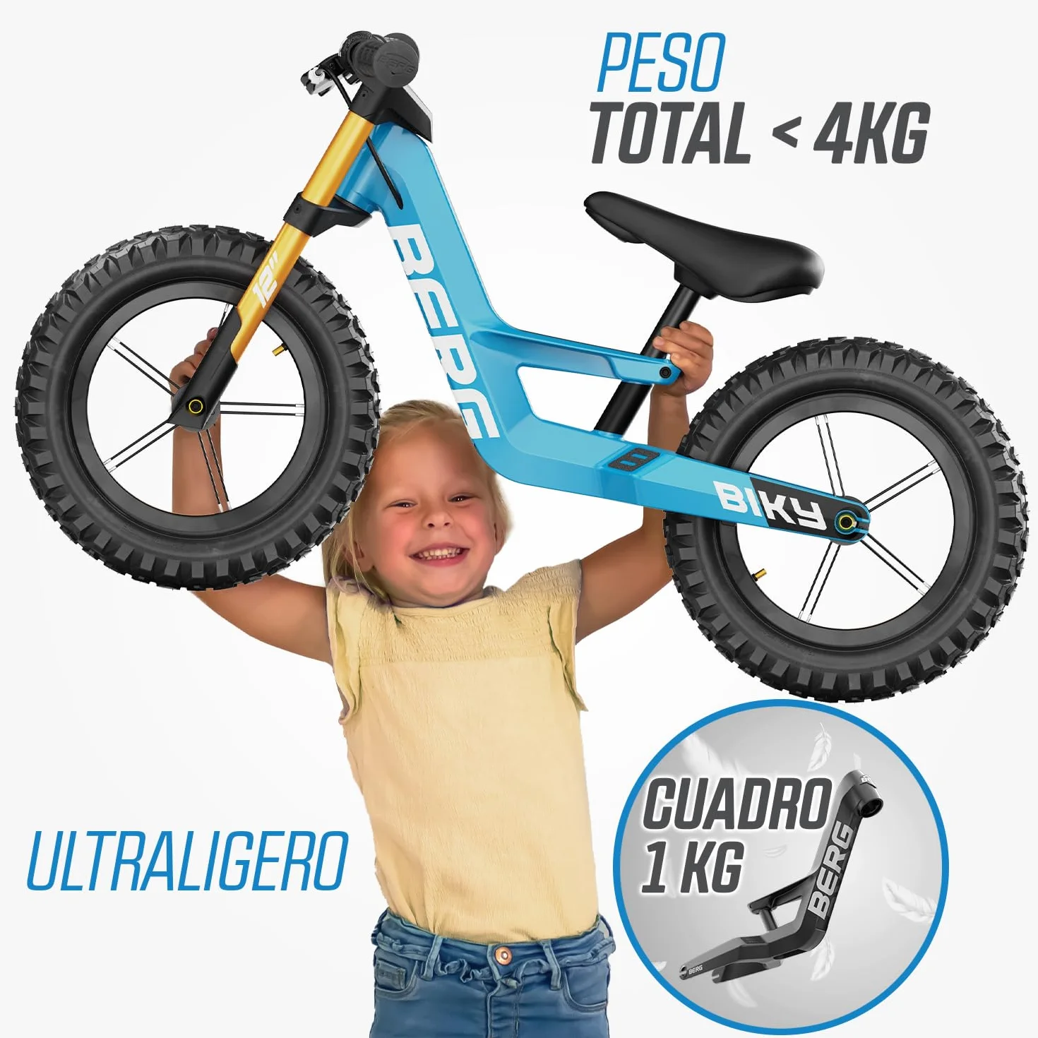 BERG Bicicleta sin Pedales Biky | 2,5-5 años, 12 pulgadas, con freno de mano, cuadro ligero de magnesio, ruedas hinchables