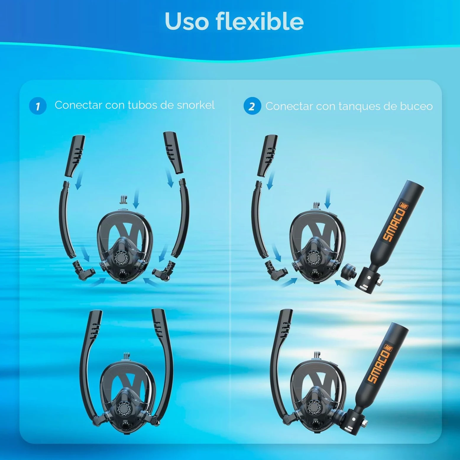 SMACO Máscara de Snorkel de Cara Completa Compatible con Mini Tanques de Buceo de 0,5L/0,7L Soporte para Cámara Tanto para Snorkel como para Bucear Dentro de 10m (Botella de Buceo no incluida)