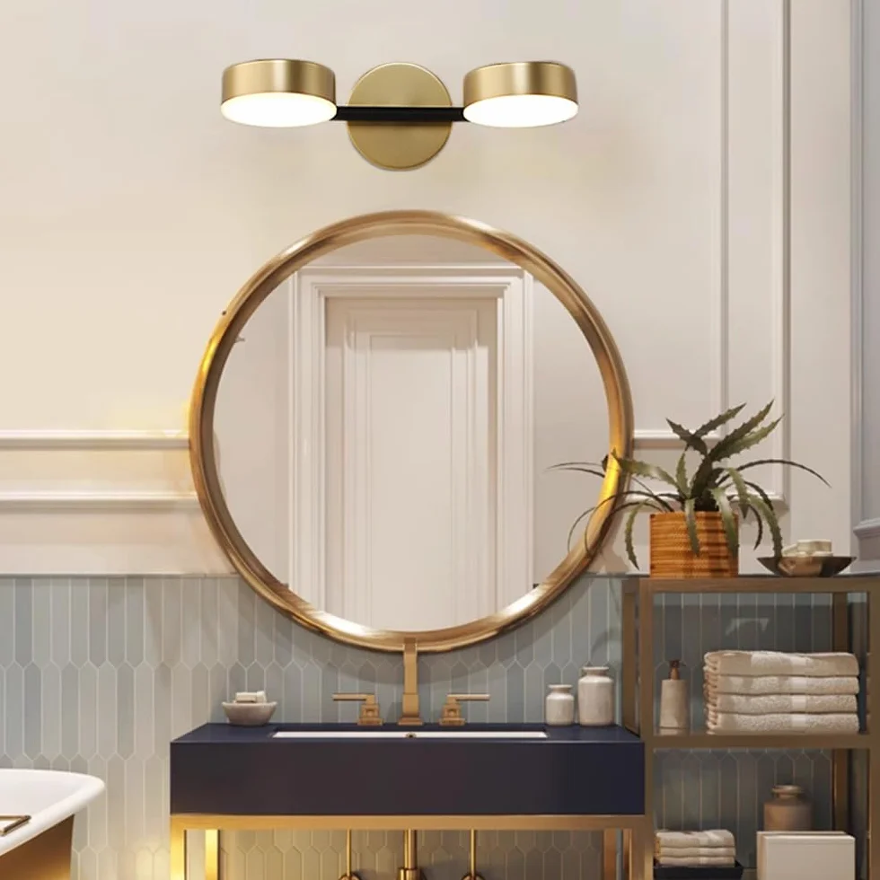 Mengjay Aplique LED Pared Giratoria 360° Moderno Dorado 3 Temperaturas 2 Luces Interior Baño Espejo