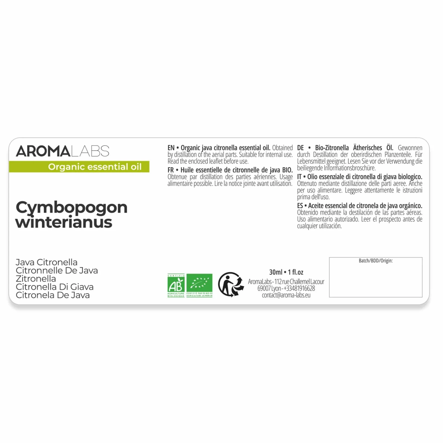 Aceite Esencial Citronela de Java BIO 30 mL Certificado AB Aroma Labs