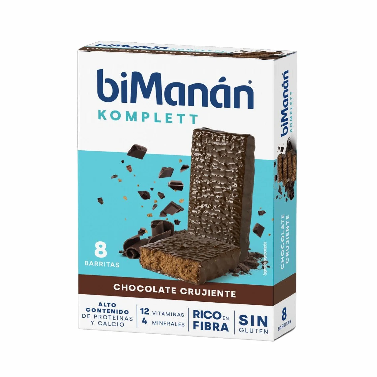 BIMANÁN KOMPLETT Barritas de Chocolate Crujiente, Ricas en Proteínas y Fibra, 12 Vitaminas y 4 Minerales, sin Gluten - 8 Unidades (280g)