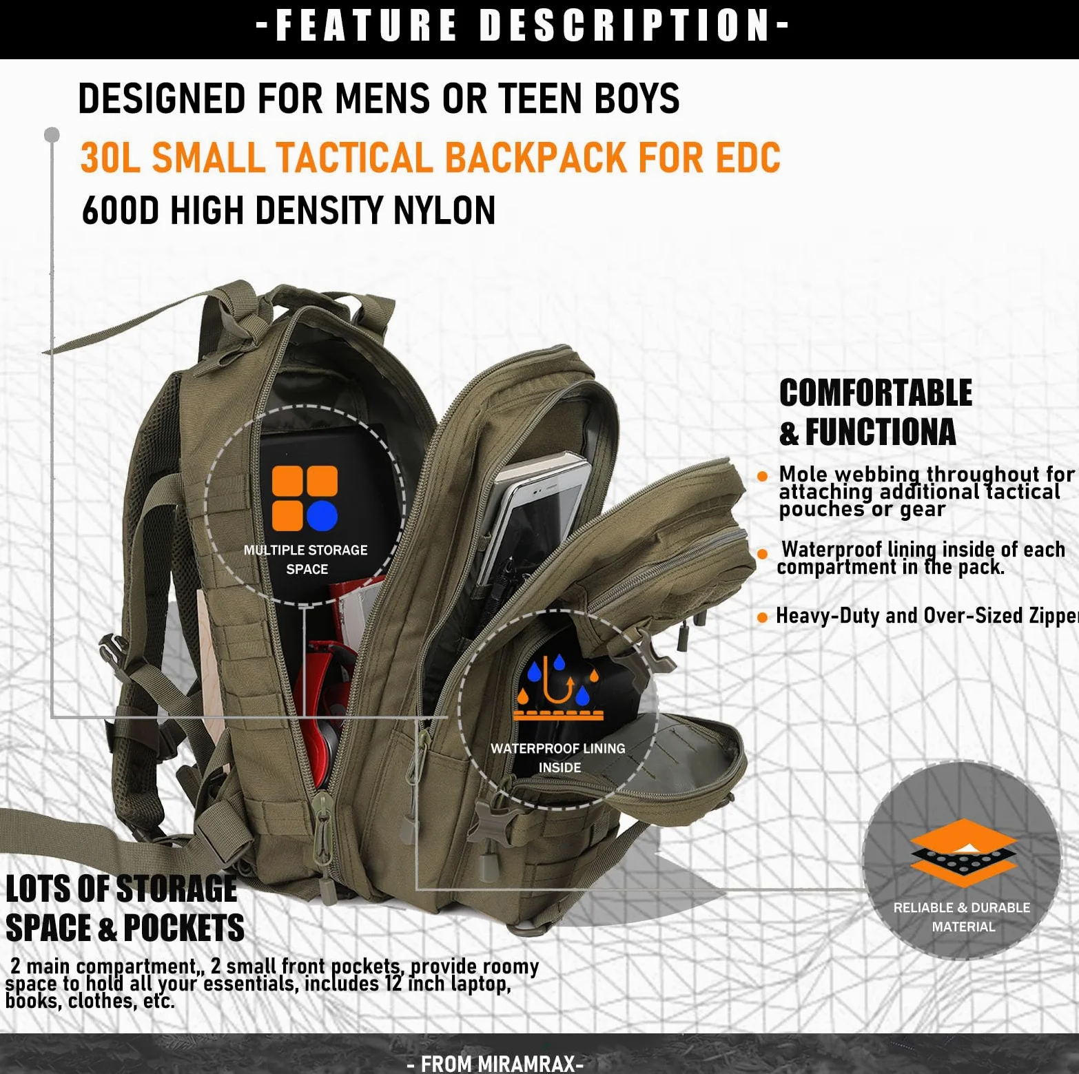 Miramrax Mochila táctica pequeña militar – Mochila de 30 L para hombre, mochila de asalto Molle, bolsa de insectos para senderismo y camping