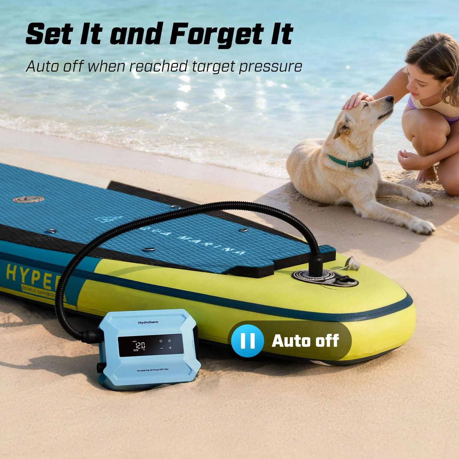 Hydrohero Bomba Paddle Board Recargable, Bomba Sup Eléctrica Portátil 20PSI MAX, Inflado/Desinflado Doble Etapa, Pantalla LED, Auto-Off, para Paddleboards, Kayaks, Botes Inflables y Tiendas