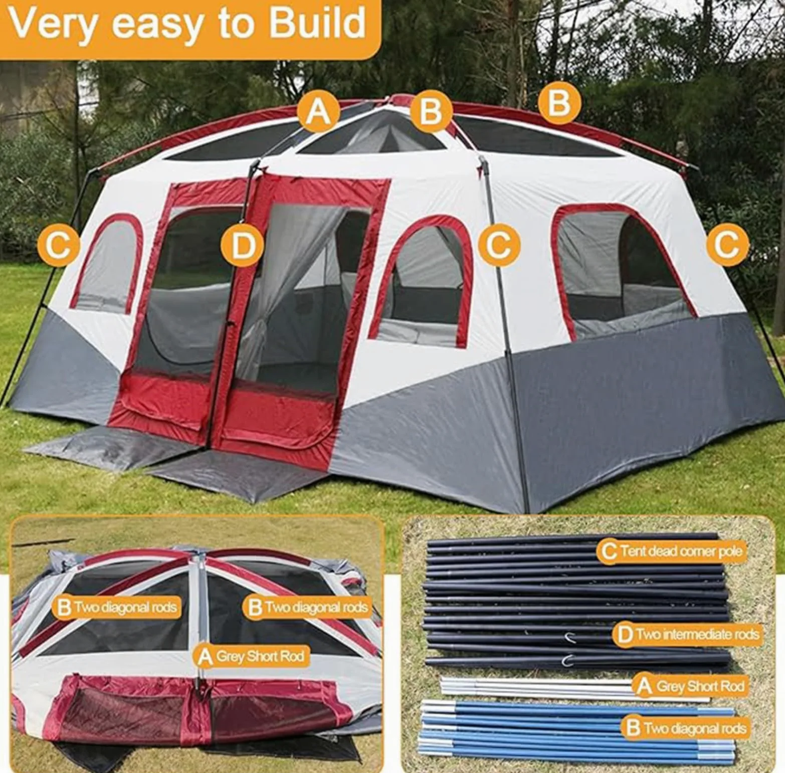 Tienda de campaña para 8-12 Personas con 2 dormitorios, Tienda Grande de Doble Capa para Exteriores, para Acampar en Familia, Tienda de campaña Impermeable