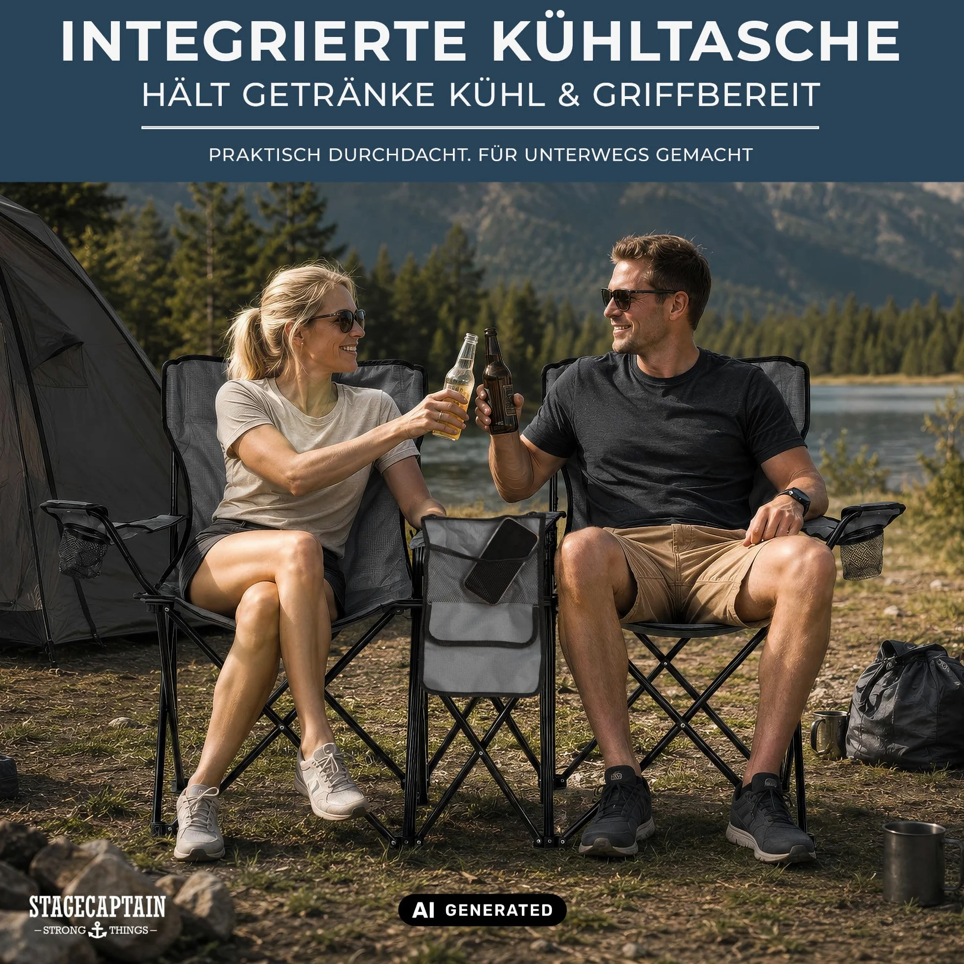 Stagecaptain Silla de Camping Doble CS-1485, Bolsillo Exterior Espacioso | Silla de camping doble de tela Oxford 600D, Perfecta para camping, festivales, picnics y excursiones, Dimensiones, 5 cm, 0 kg