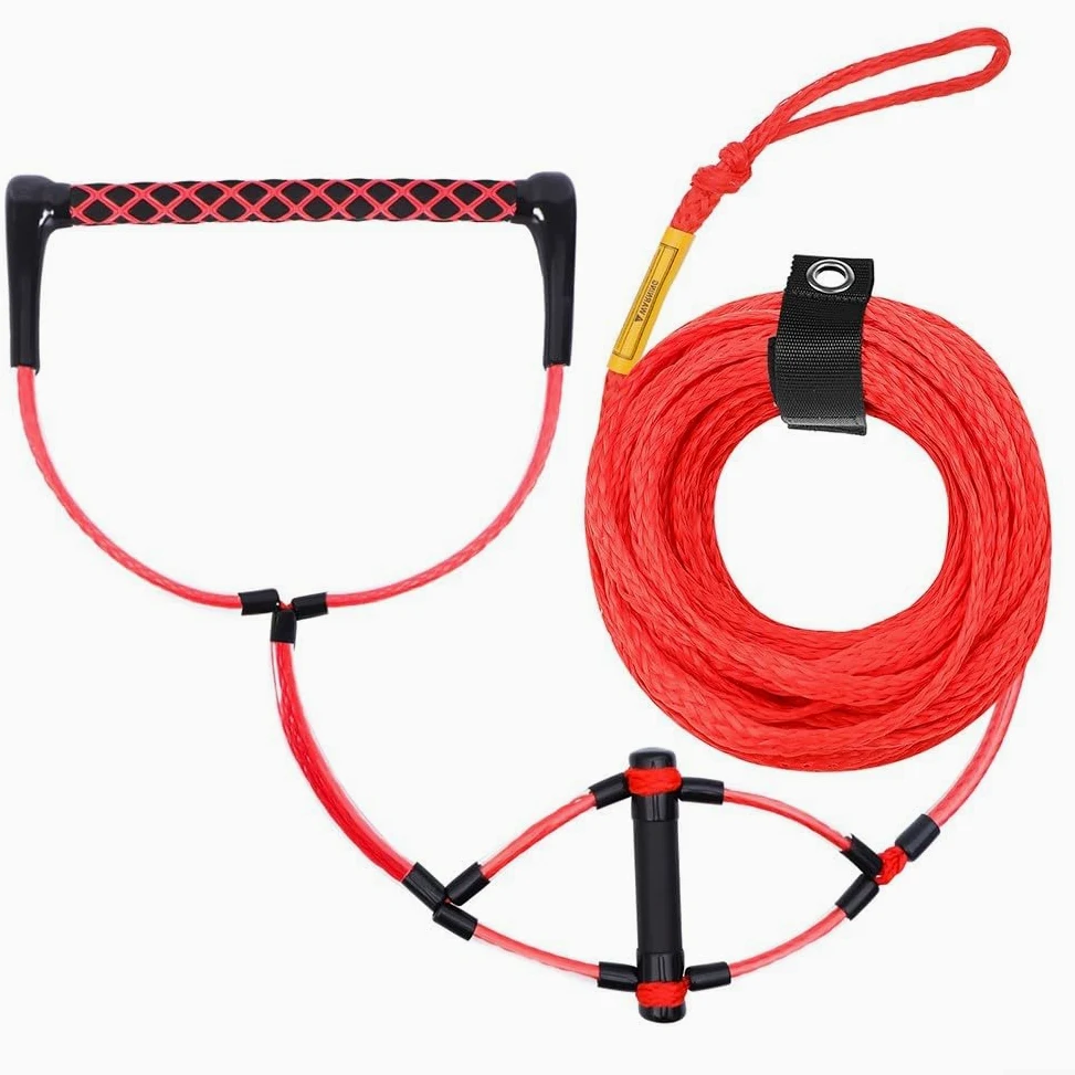 Cuerda de remolque para deportes acuáticos de 75 pies con mango de EVA, línea de wakeboard ajustable para rodillas, esquí acuático, tubo, rafting, diseño flotante, color rojo y negro