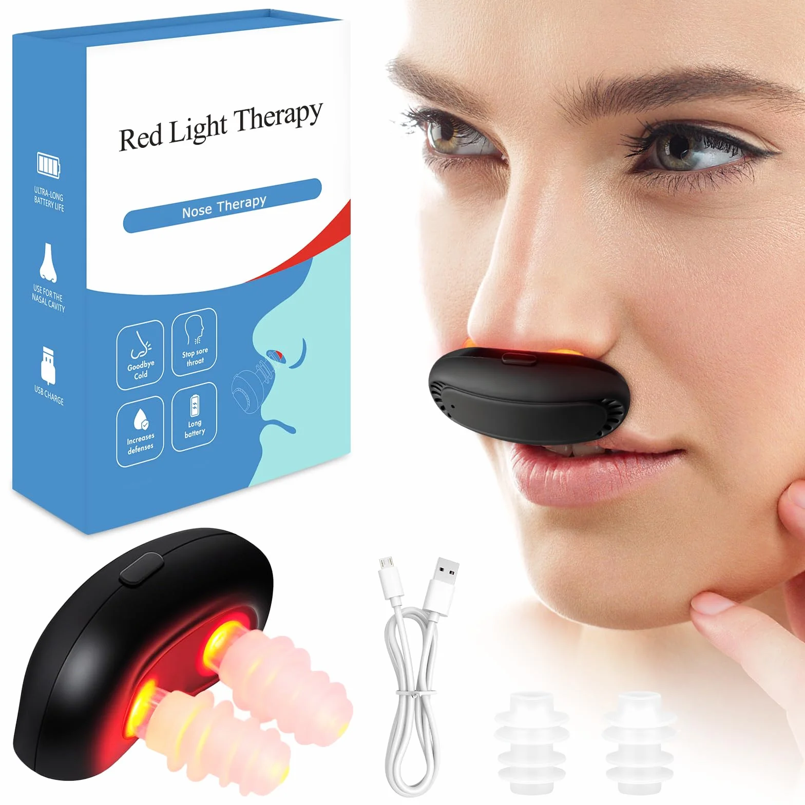 Dispositivo de terapia nasal de luz roja recargable por USB para congestión y apoyo sinusal