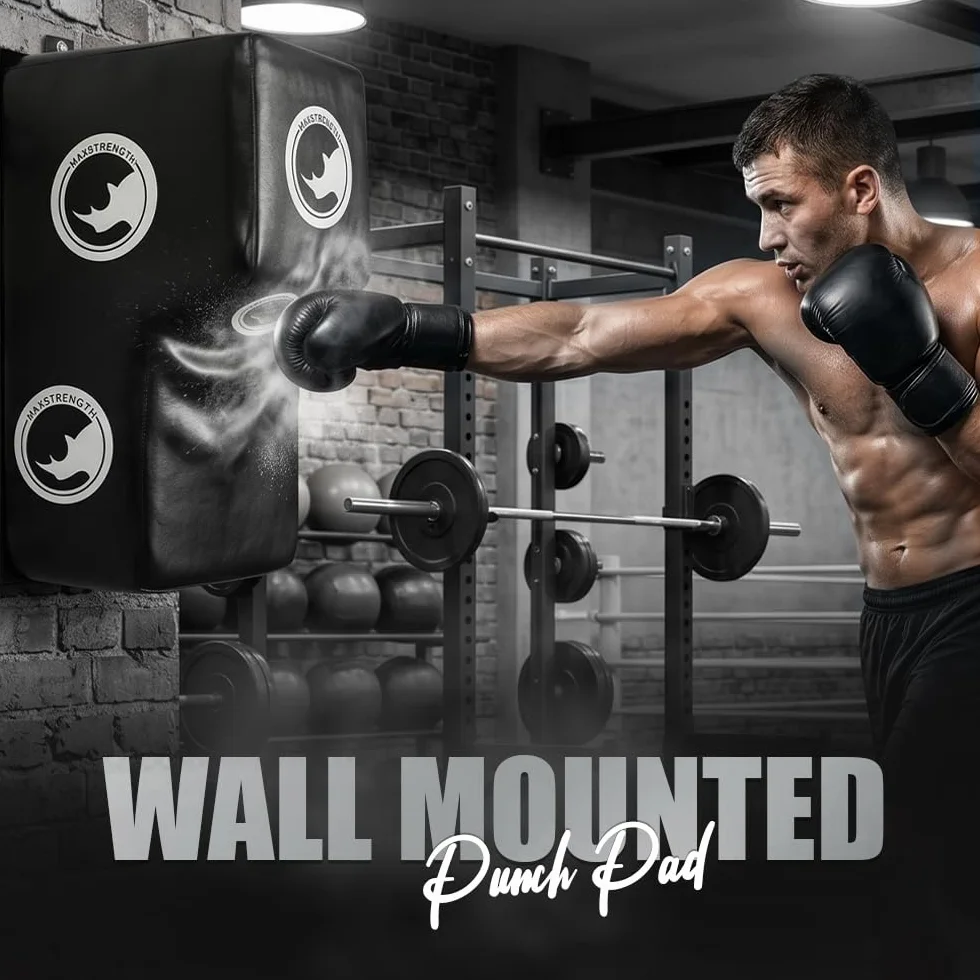 MAXSTRENGTH Bolsa de boxeo para montar en la pared, ángulo, corte superior, almohadilla de golpe (negro/blanco)