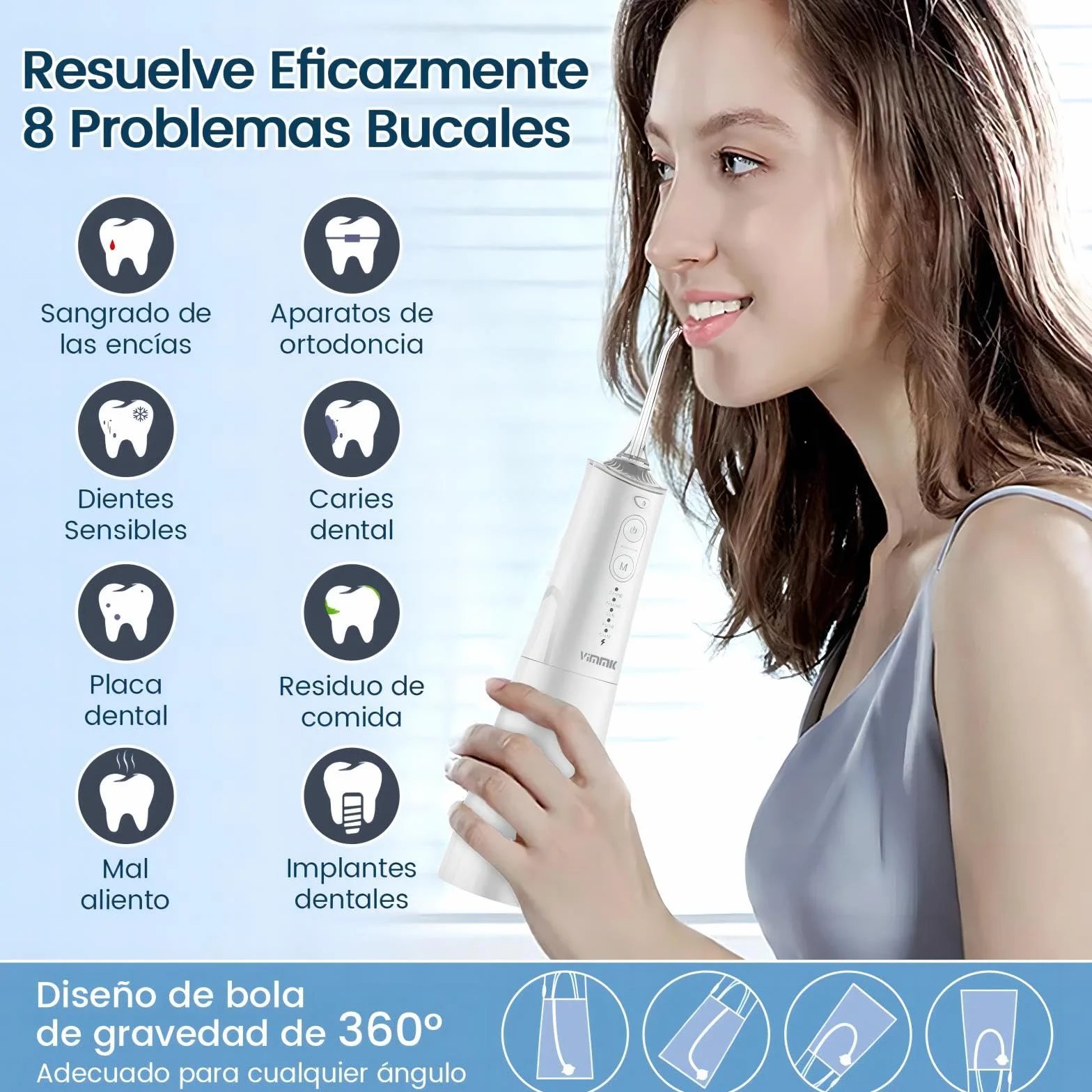 Vimmk Irrigador Bucal Portatil Inalámbrico Dental 8 Boquillas 5 Modos IPX7 Impermeable 300ML USB-C Recargable Blanco