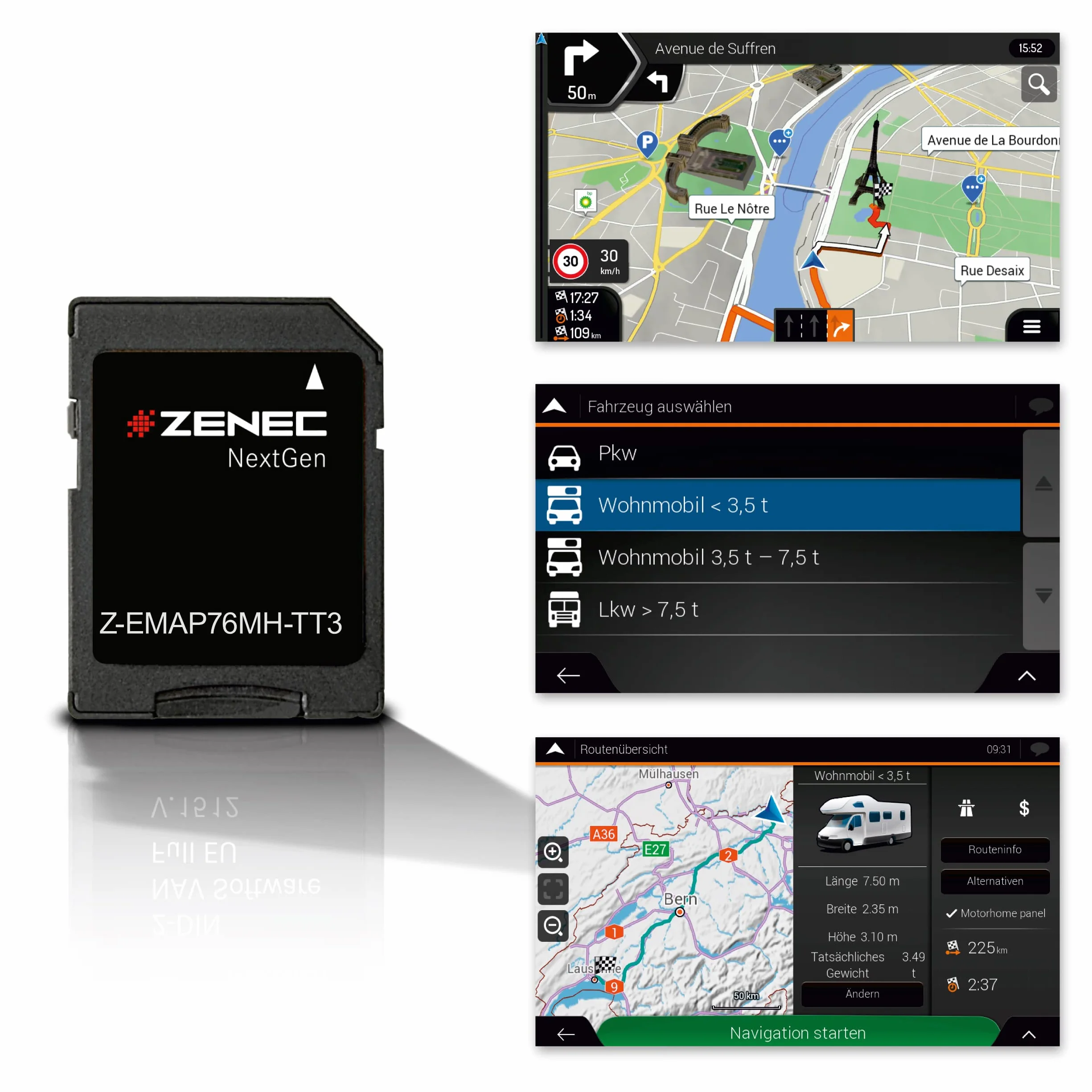 ZENEC Z-EMAP76MH-TT3 – Tarjeta Micro SDHC con Navegación Autocaravana para ZENEC Infotainer Z-E3776, Z-N975 y Z-N976, Mapas 3D para Europa, Camping P.O.I. para autocaravanas, TMC