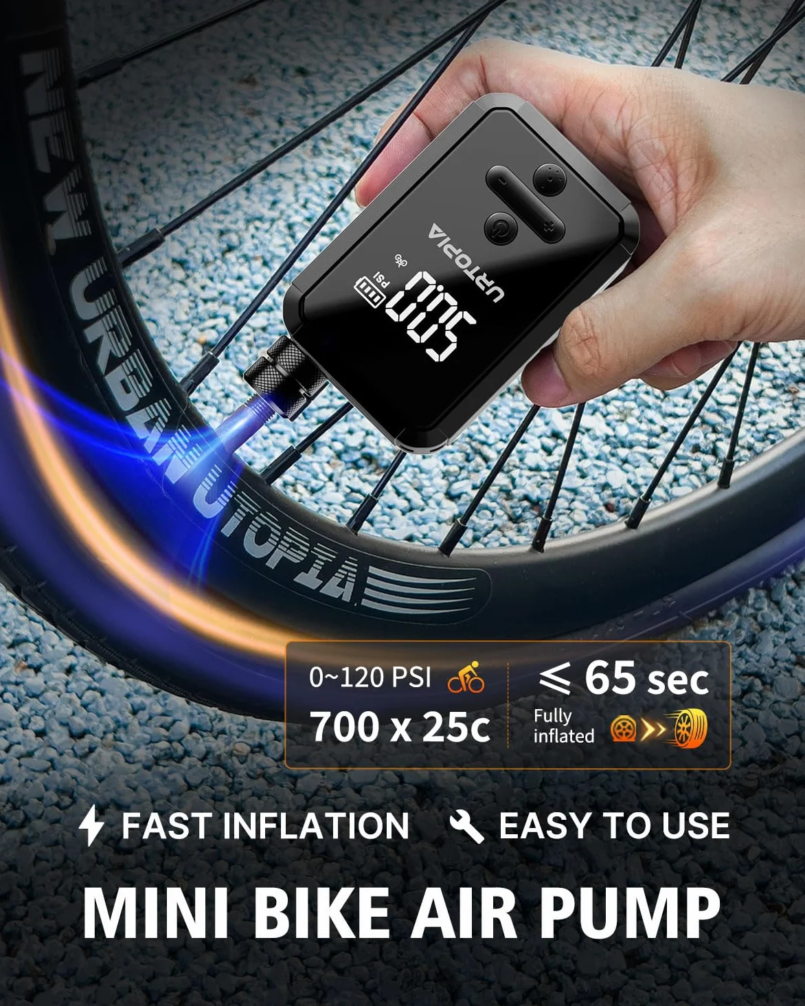 URTOPIA Bomba eléctrica para bicicleta, bomba de aire de inflado rápido con manómetro, hasta 150 PSI, disipación eficiente del calor, recargable, con luz LED brillante, bomba de bicicleta portátil