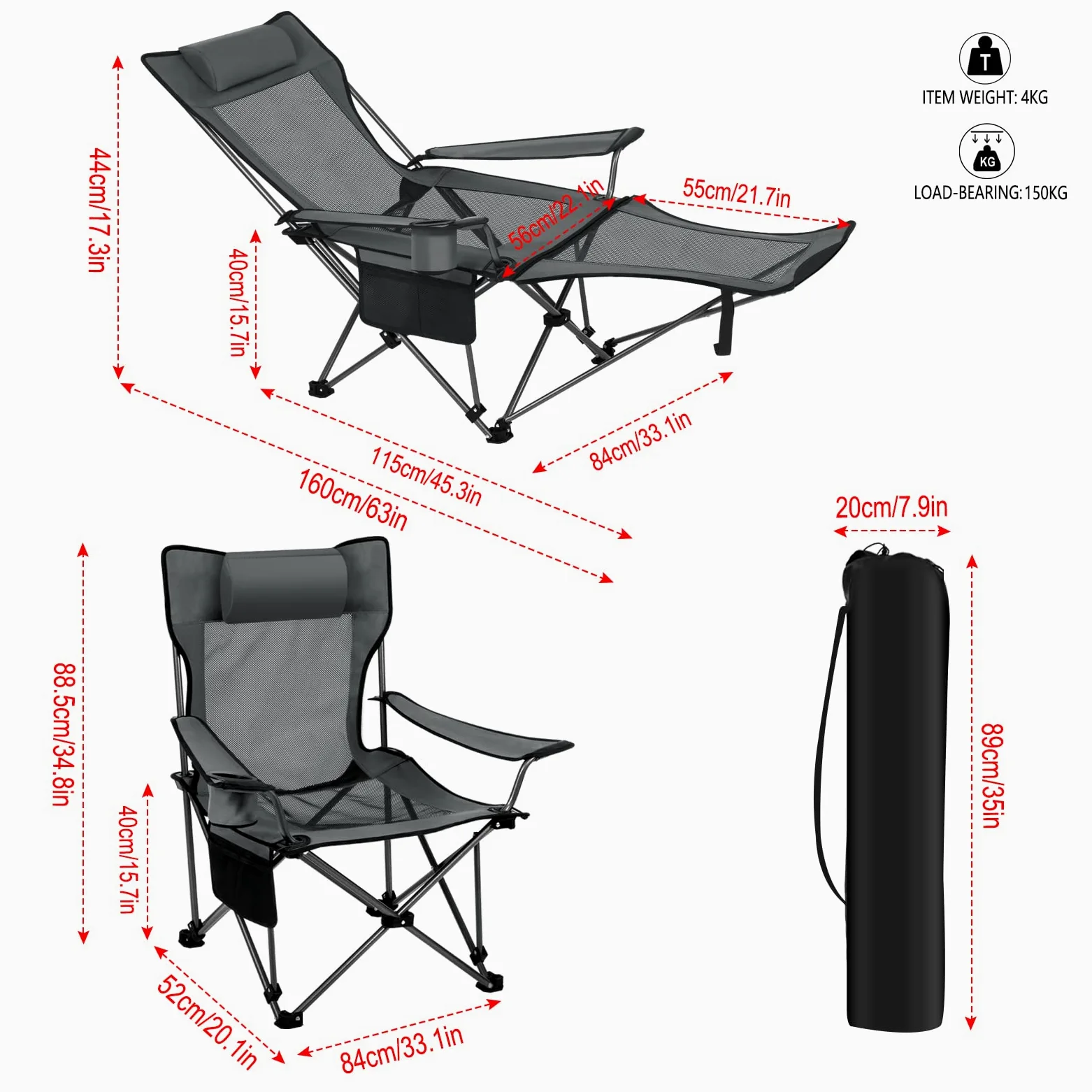 eSituro Silla de Camping Plegable Portátil con Respaldo Ajustable y Reposabrazos, para Pesca, Senderismo y Acampada (2, Gris)