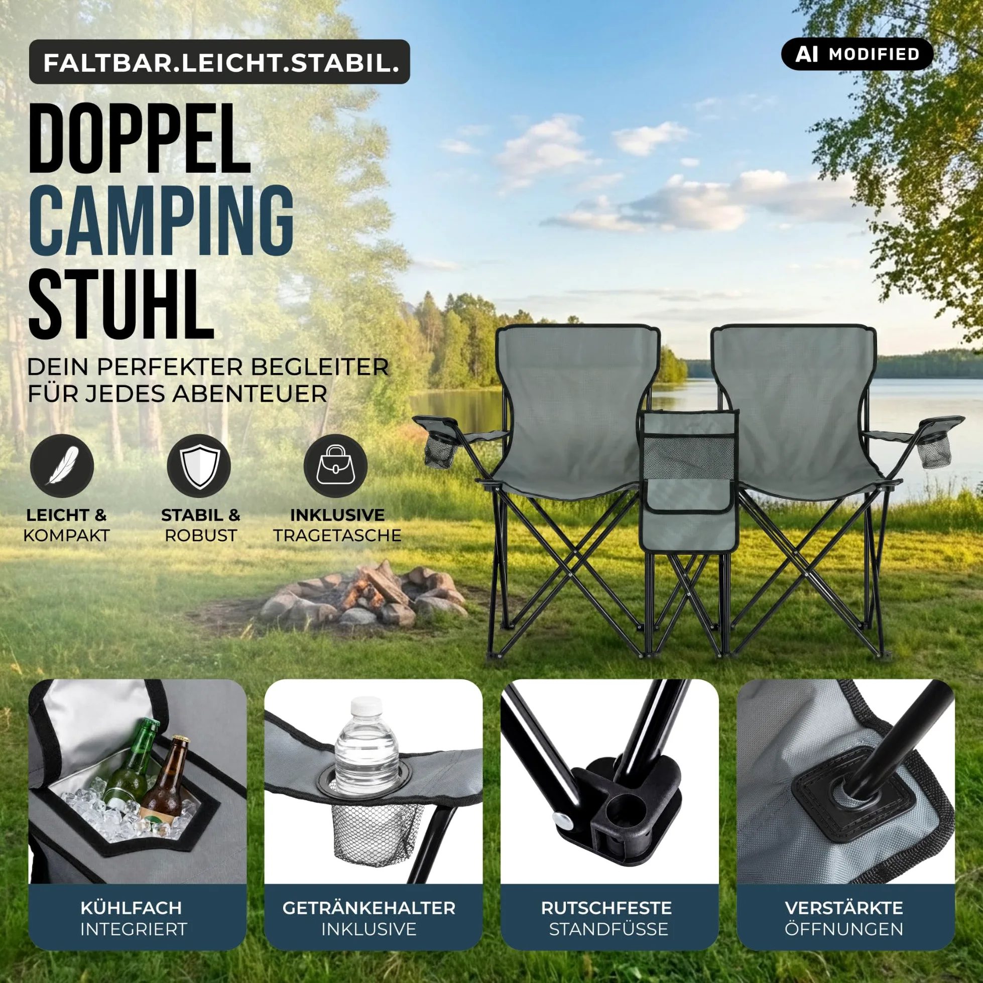 Stagecaptain Silla de Camping Doble CS-1485, Bolsillo Exterior Espacioso | Silla de camping doble de tela Oxford 600D, Perfecta para camping, festivales, picnics y excursiones, Dimensiones, 5 cm, 0 kg