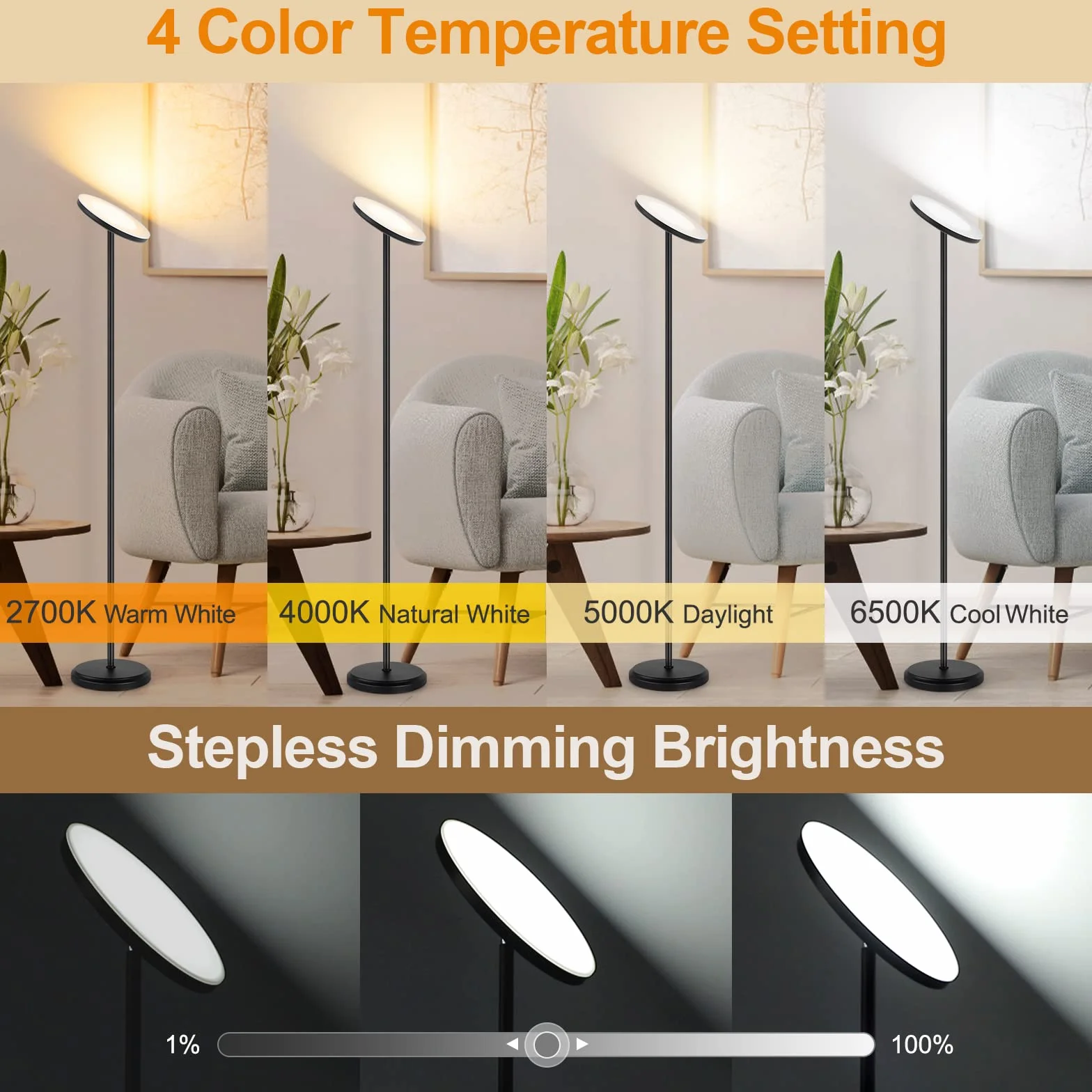 OUTON Lámpara de Pie LED 30W 180CM Alexa Google Assistant Regulable Negro