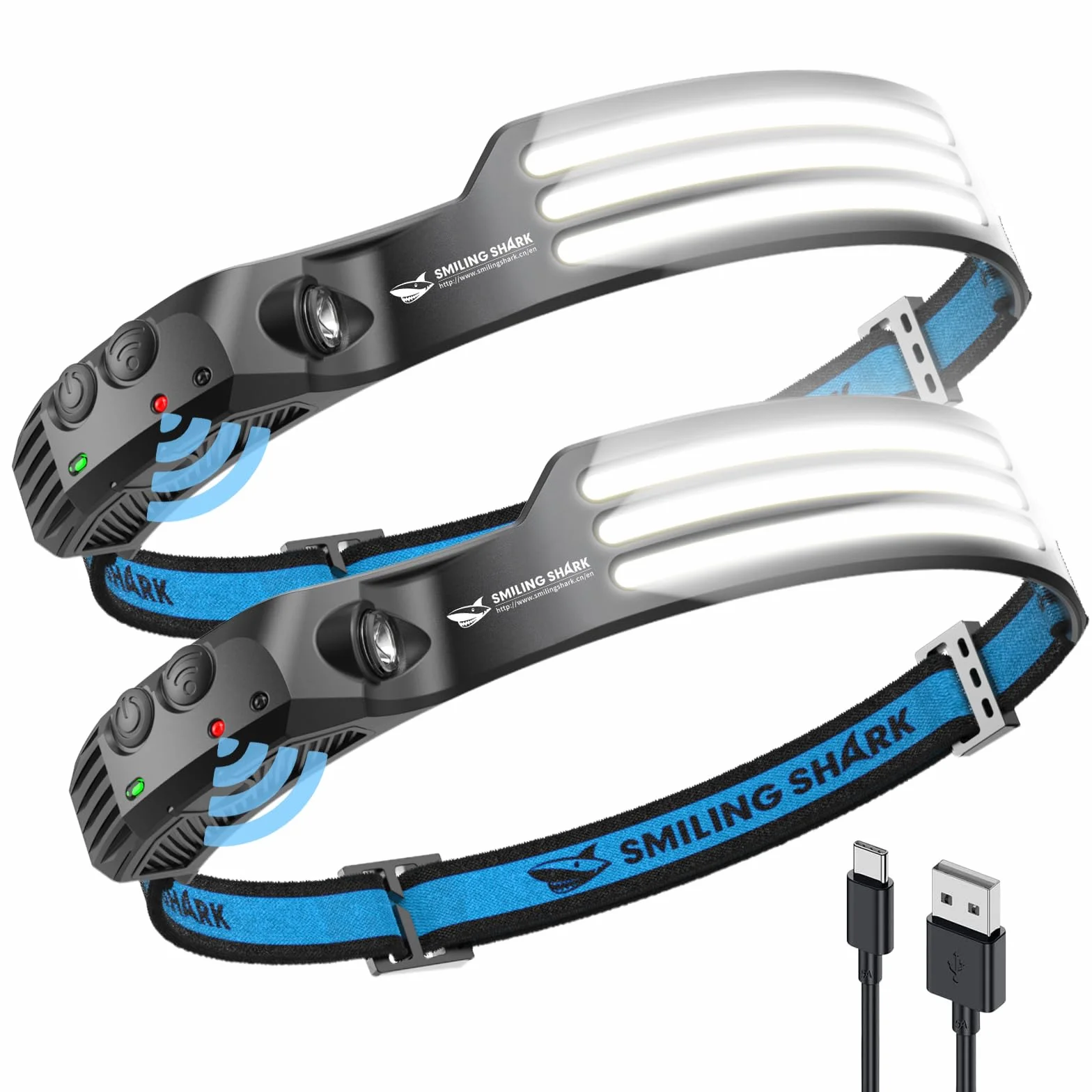 Smiling Shark Linterna Frontal LED 230° Gran Angular Recargable Impermeable con Sensor Movimiento