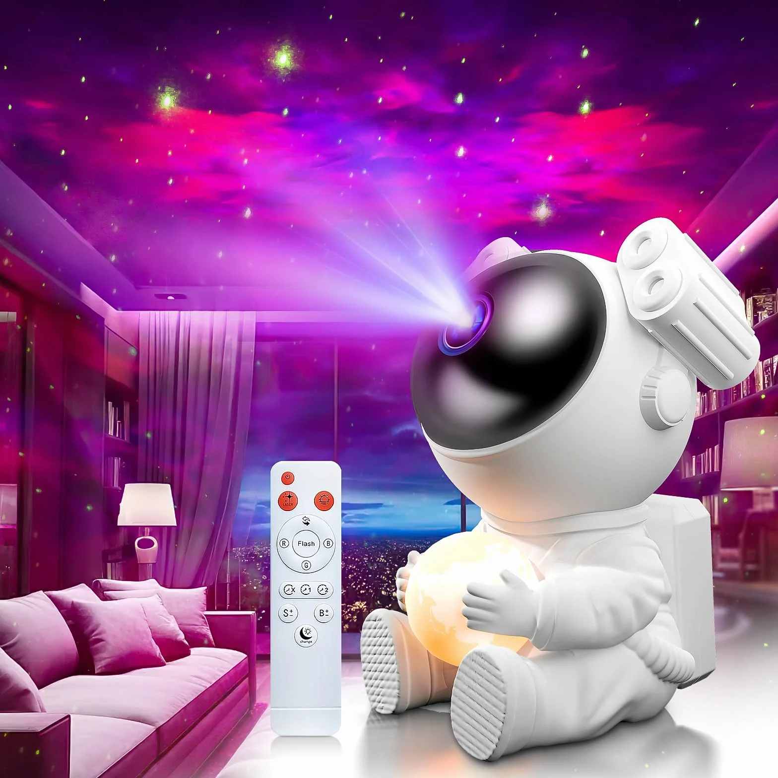 Proyector Estrellas Astronauta Galaxy con Lámpara Lunar, Luz Nocturna LED con Temporizador y Mando a Distancia