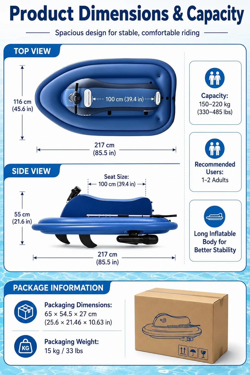 Barco Hinchable a Motor 500w/700w con Scooter Submarino 700W16A | 217 X 116 Cm, Asiento 100 Cm, Altura 25 Cm, 1-2 Personas, 150-220 Kg, Mando, Mango Y Cuerpo Plegable Para Familia