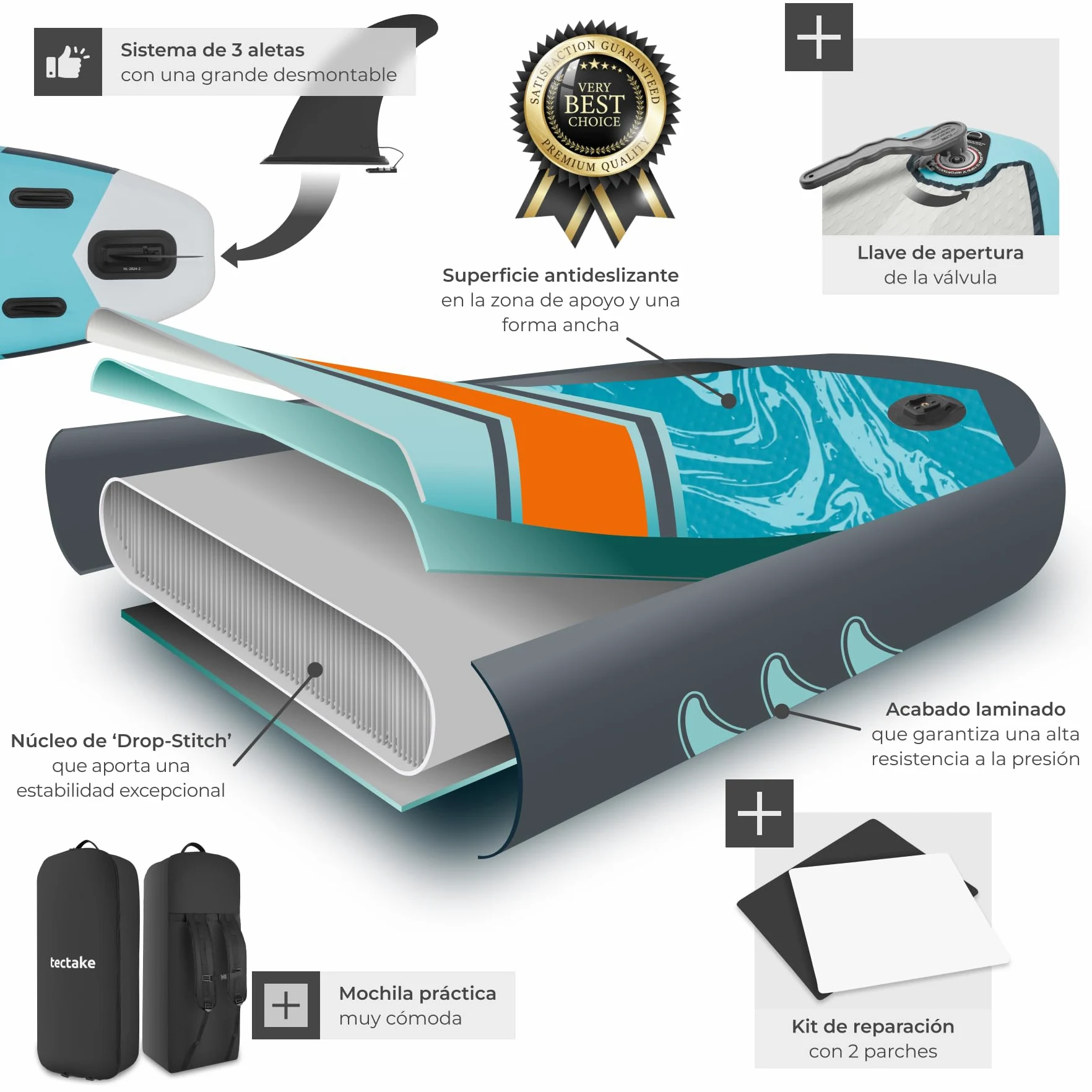 tectake® Tabla Sup Hinchable, Soporte Cámara, 200 kg, Antideslizante | Asiento de Kayak, hasta 200 kg, Antideslizante, 288 cm, Material Drop-Stitch, Raqueta Doble Ajustable, SUP, Turquesa/Naranja