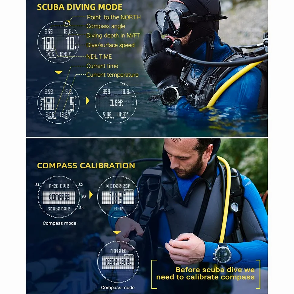 Dive Computer Watch 100M Impermeable Profesional Scuba Diving Watch Electronic Digital Sport Reloj de Pulsera Deep Diver Relojes Brújula Cronómetro Barómetro Termómetro Altímetro (Negro)