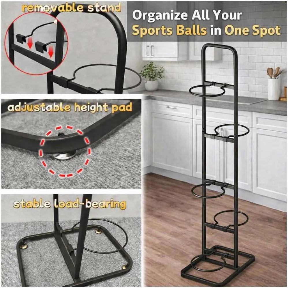 Soporte para Balones – Estante Vertical Universal de 5 Niveles en Acero al Carbono para Baloncesto, Fútbol, Rugby y Voleibol – Altura 144 cm, Negro