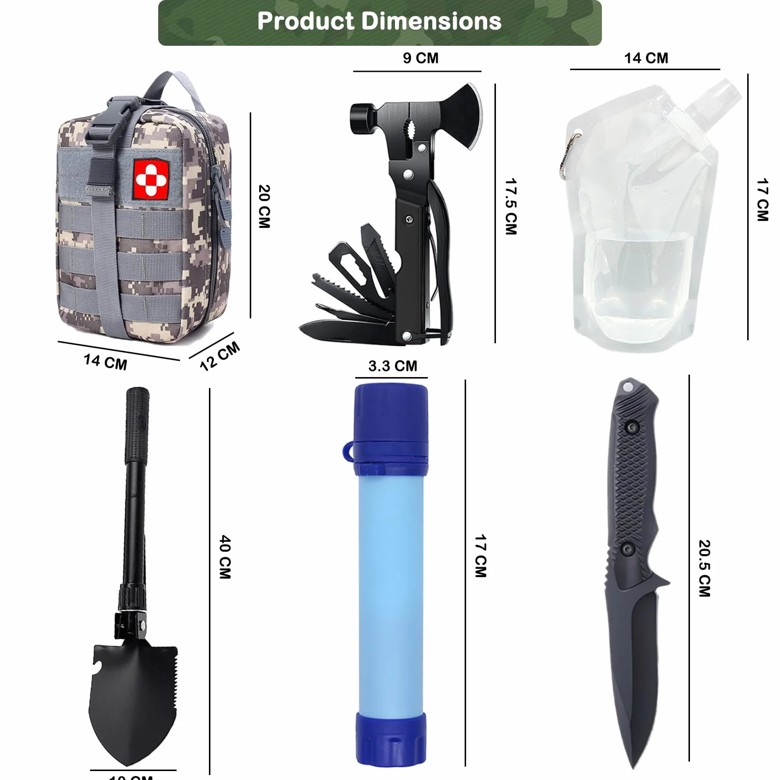 Kit de Supervivencia 22 en 1, Emergencia Exteriores con Filtro de Agua, Bolsa Camping Senderismo Camuflaje