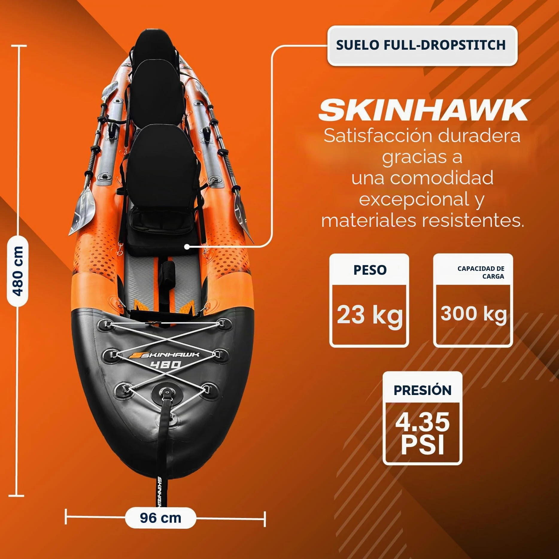 SKINHAWK Exclusiv Orange Kayak Set 480 – Barco inflable – Canoa – 480 x 96 cm – Kayak para 3 personas