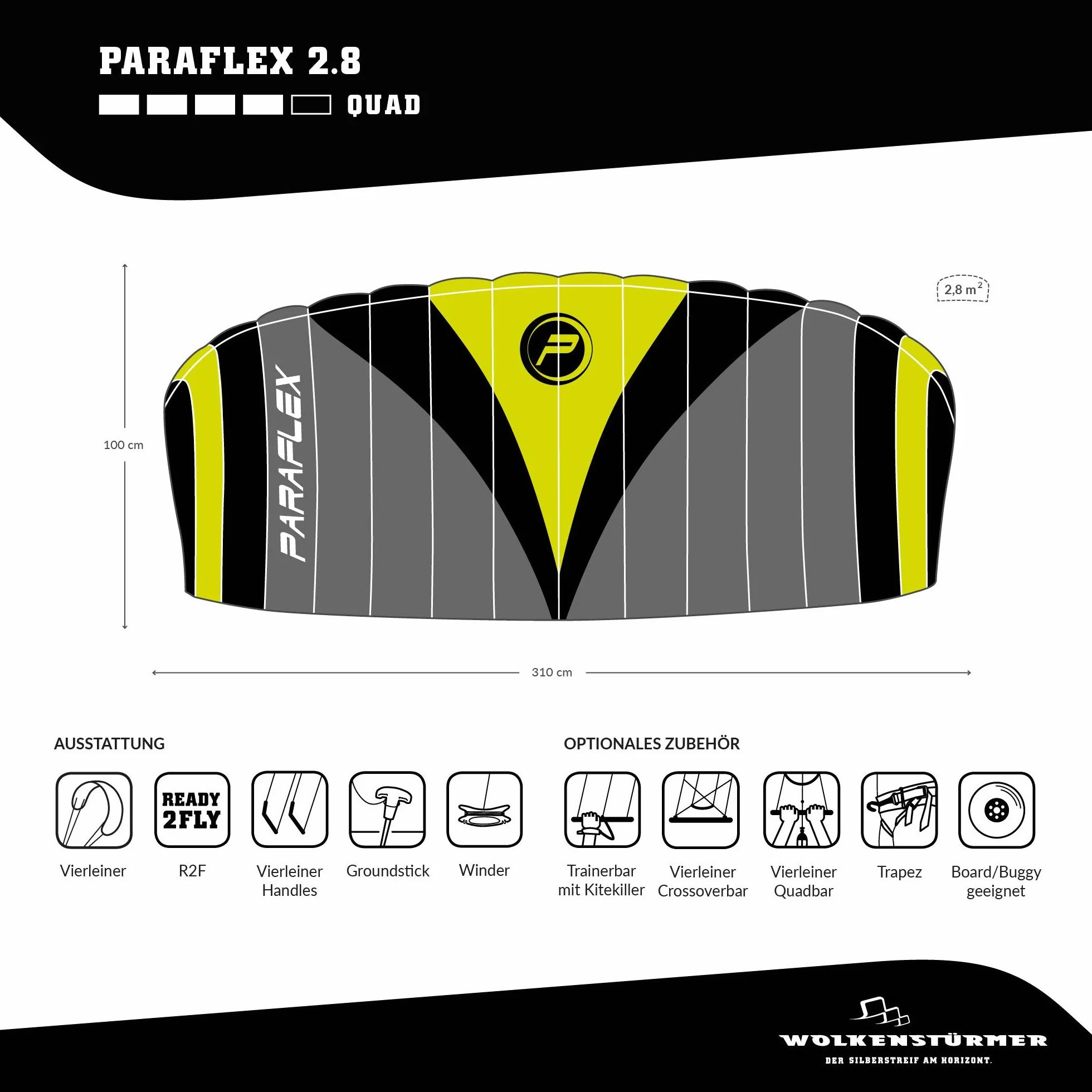 Wolkenstürmer Paraflex Quad 2.8 Alfombra dirección 4 líneas Cometa Asas