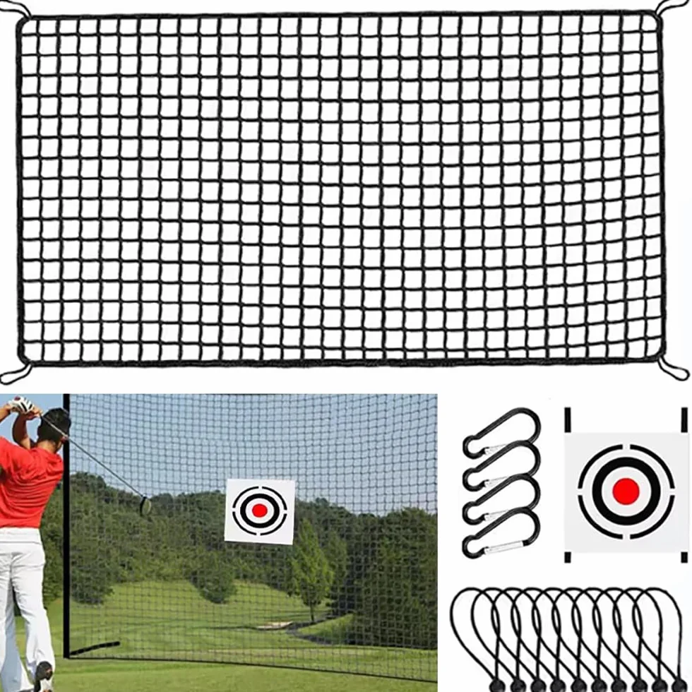 Red de Práctica Golf 3mx4.5m Malla Poliéster Negro 2,54cm con Diana Integrada +10 Bolas Elásticas +4 Mosquetones Bordes Reforzados