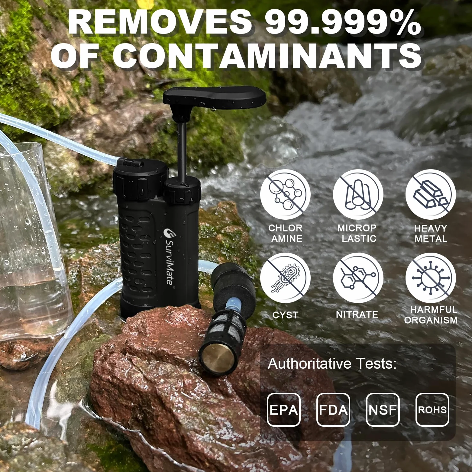 Bomba purificadora de agua con filtro de agua de carbono reemplazable de 0,01 micras, 4 etapas de filtro, color negro
