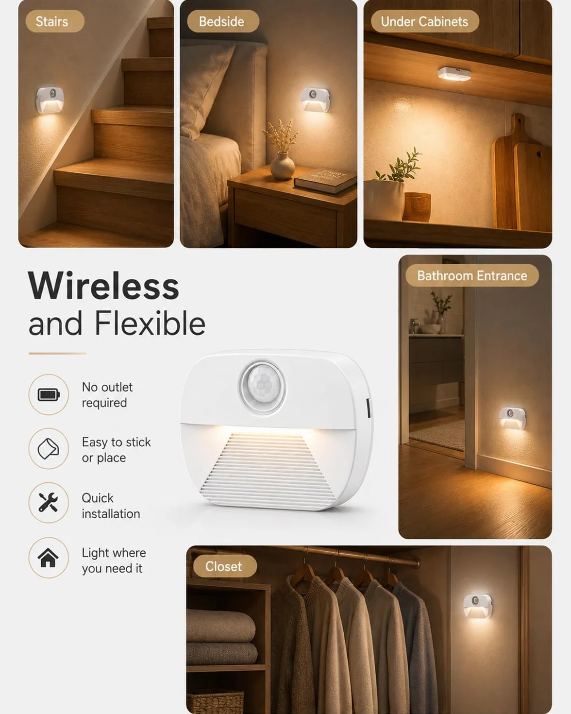 Luz nocturna LED con detector de movimiento, 4 unidades, funciona con pilas, interior para escaleras y pasillo