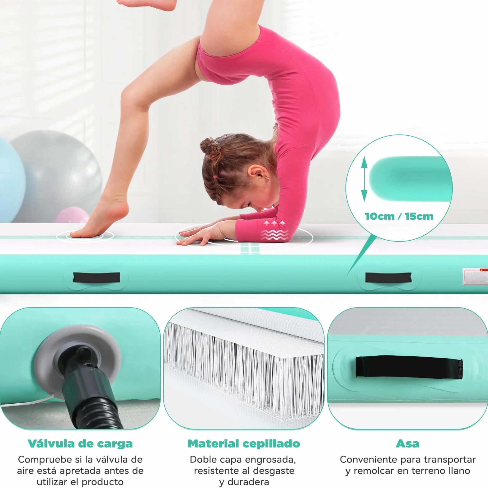 Colchoneta Gimnasia 2-6m Espesor 10-15cm Bomba de Aire 600W Tapiz Gimnasia Ritmica Inflable