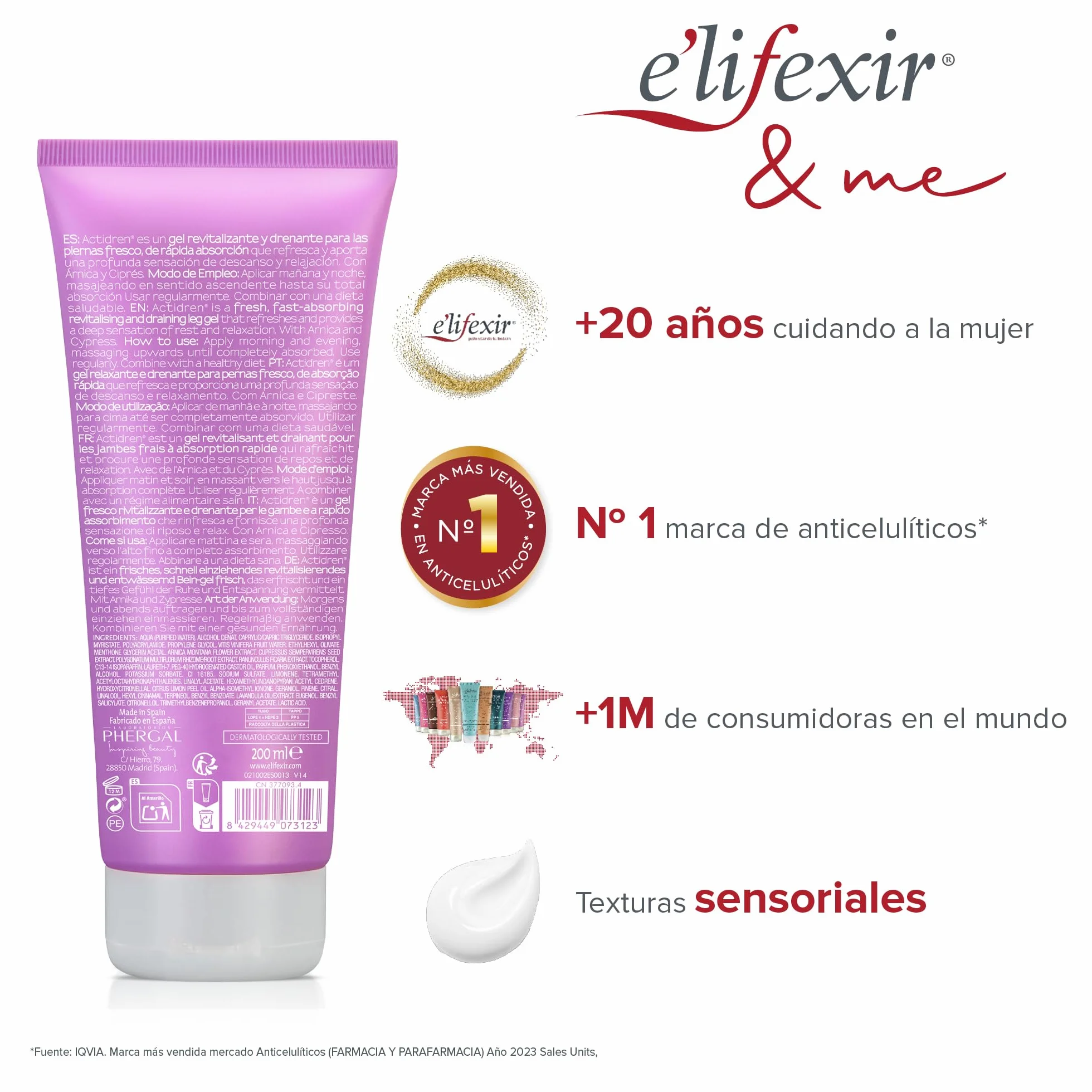 E'LIFEXIR Actidren Gel Relajante de Piernas 200 ml Drena Relaja Estiliza Mejora Circulación Reduce Volumen Tobillos Hinchados