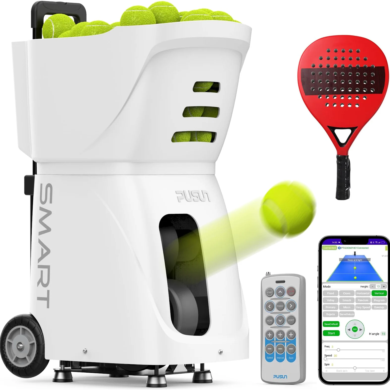 PUSUN Padel-Smart-Máquina profesional de pelotas de pádel con control de aplicación, capacidad de 100 balones, batería de 4-6 horas, 12 modos de entrenamiento