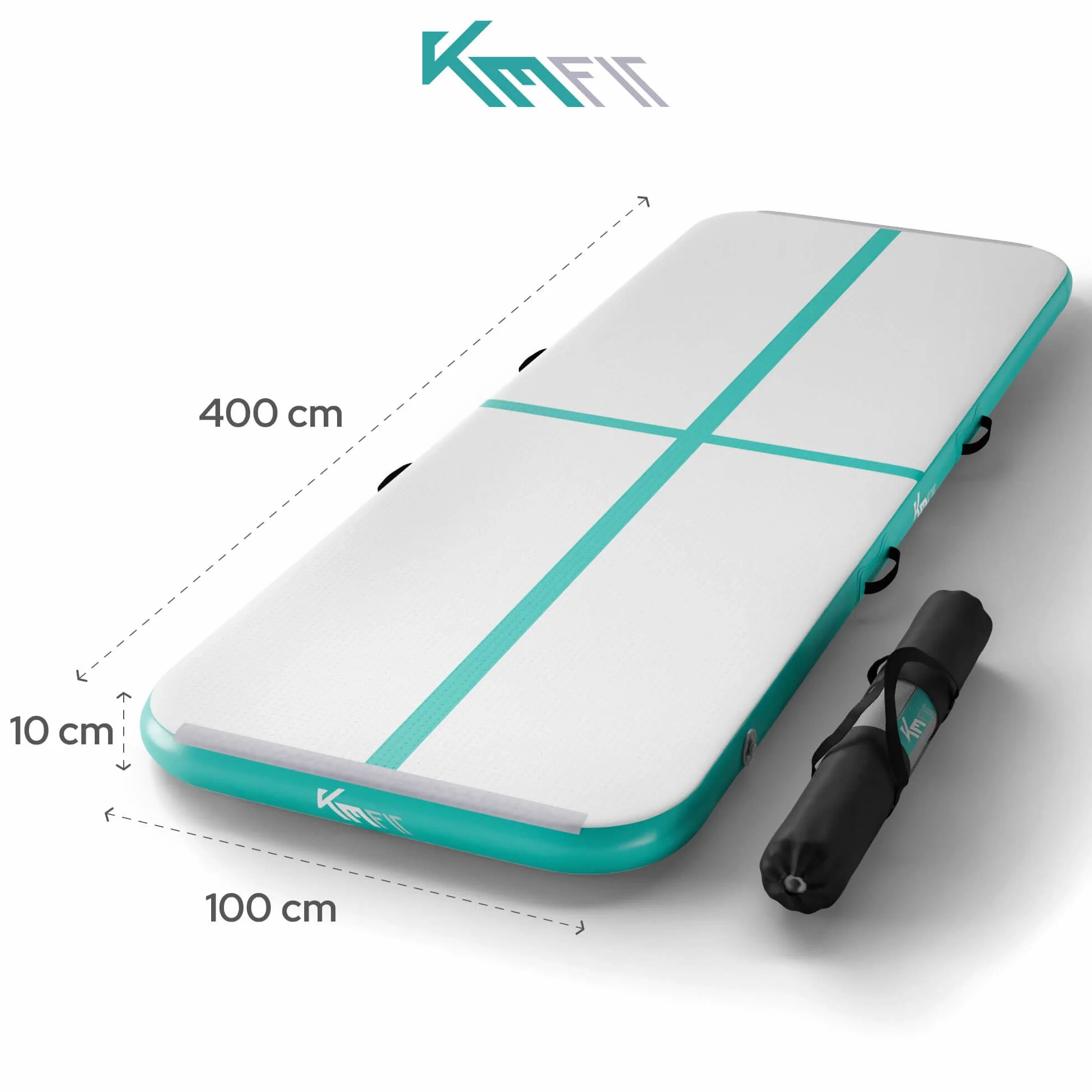 KM Fit - Esterilla de gimnasia inflable Airtrack para gimnasio, 4 m, color verde menta, incluye bolsa de transporte, bomba de aire eléctrica y juego de parches, resistente a los rayos UV