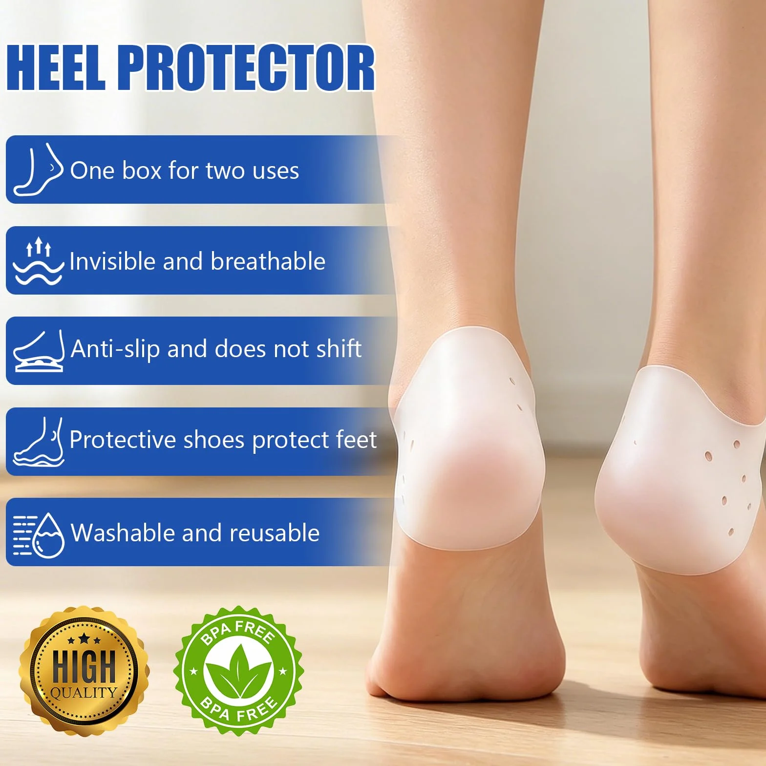 Protector De Silicona Para Talón Transpirables 3 Pares + 10 Piezas Tiritas Taloneras, Calcetin Taloneras De Talón Hidratantes, Blanco