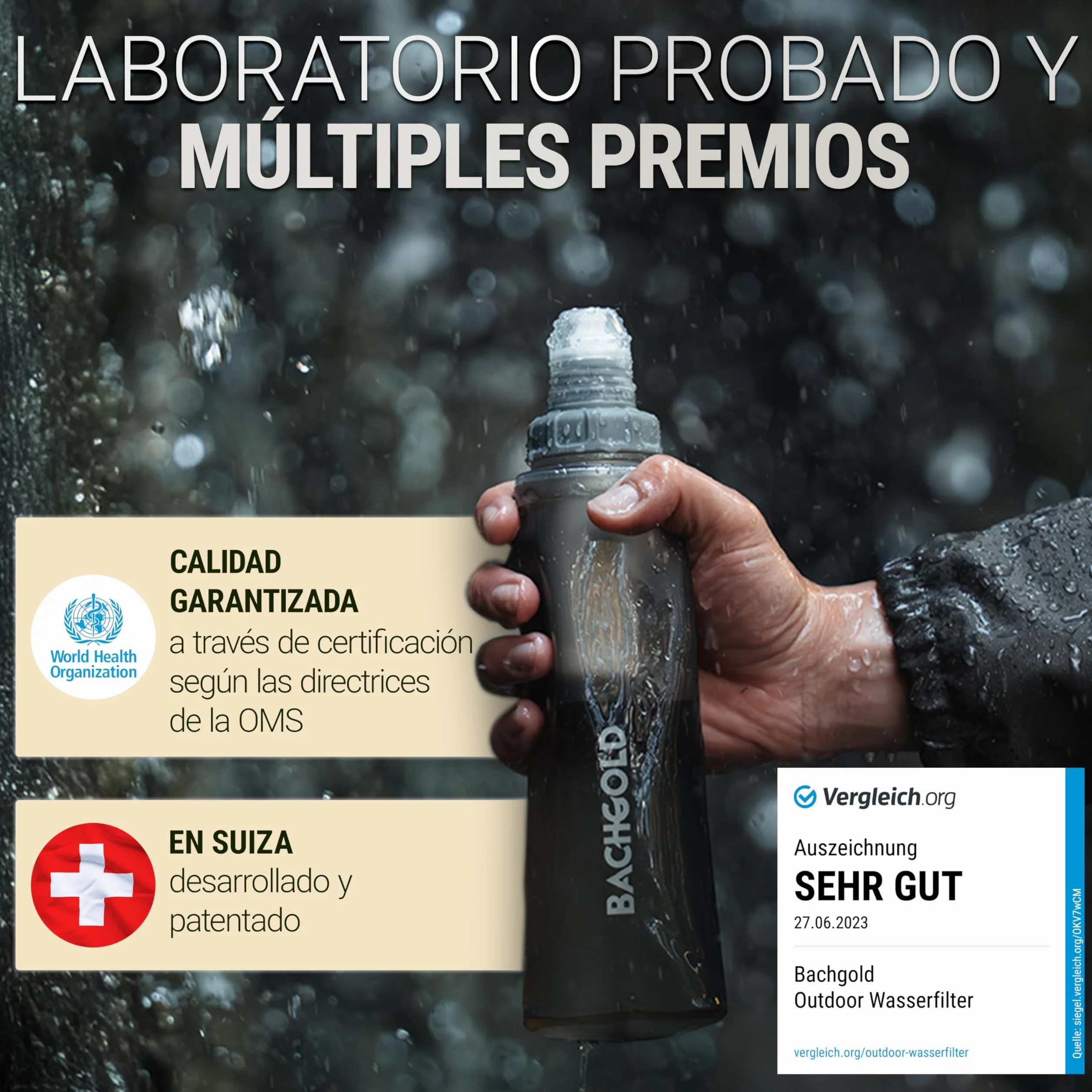 Bachgold Filtro de Agua Botella con Filtro de Supervivencia Ultraligero 1000ml Gris