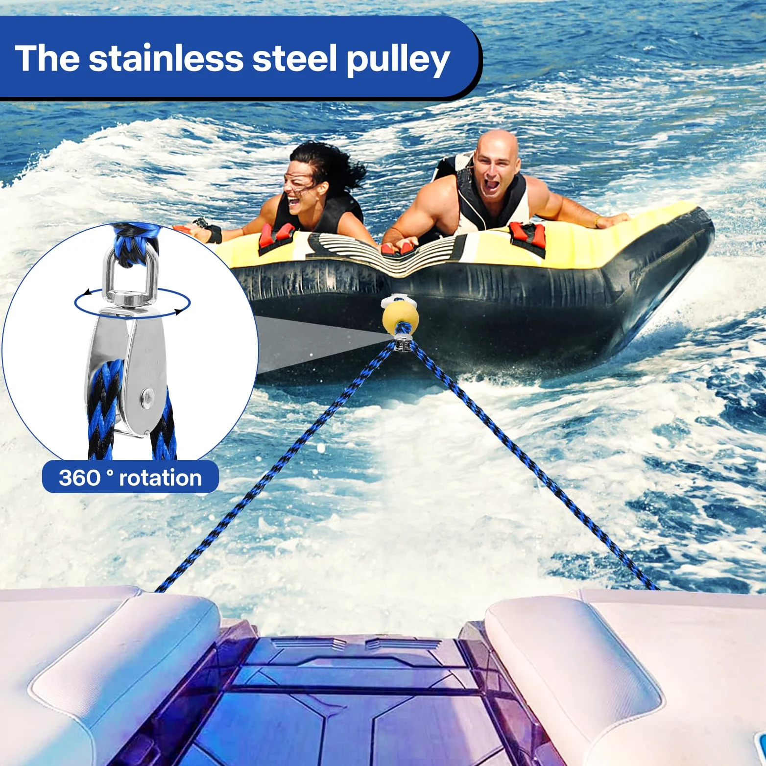 Arnés de remolque de barco resistente para tubos, cuerda de remolque para deportes acuáticos para remolques y tubos de barco, línea de arnés de remolque autocentrante con conector rápido de clip y