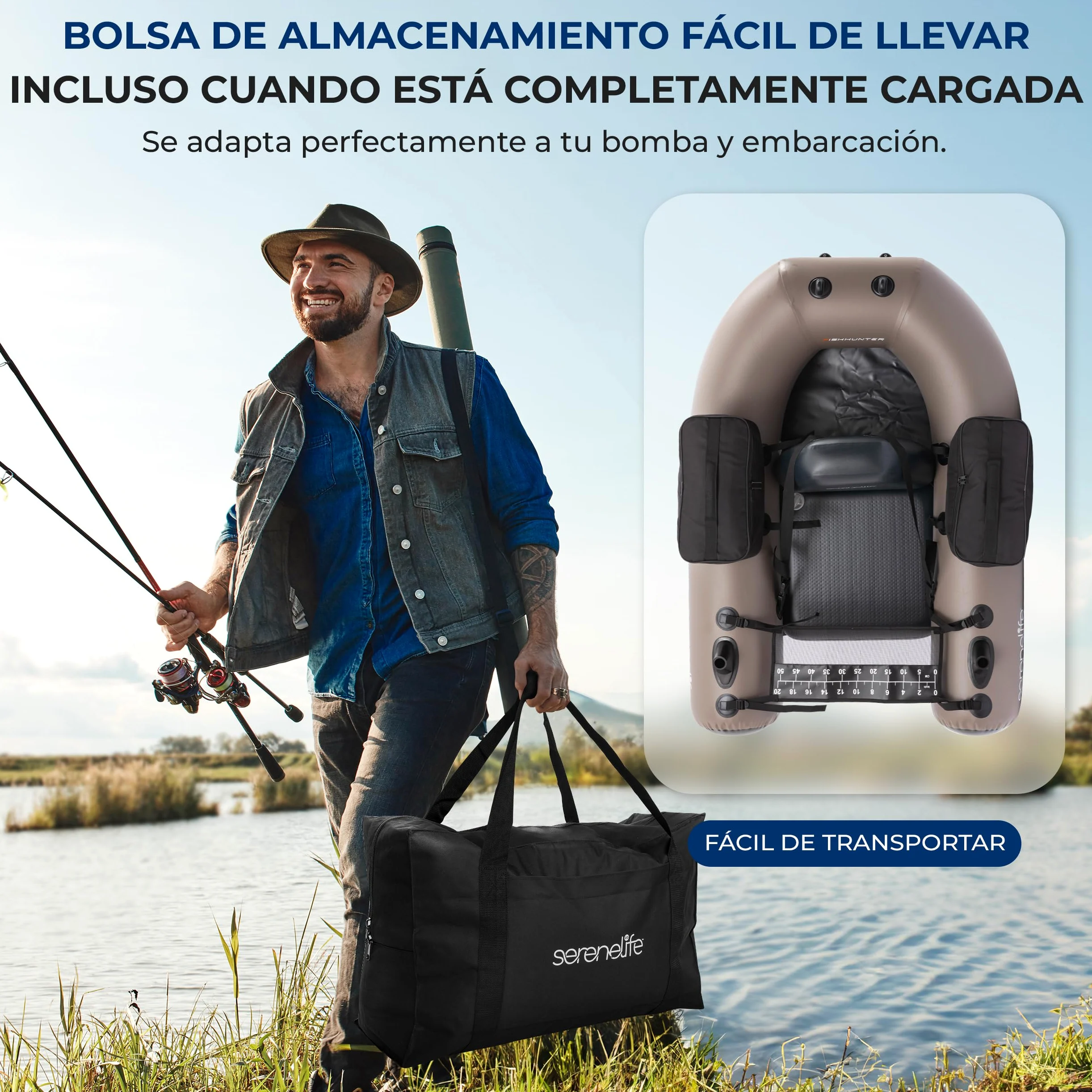 SereneLife Barca Hinchable de Pesca, Asiento Ajustable, Respaldo, con Bolsa de Transporte y Kit de Reparacion
