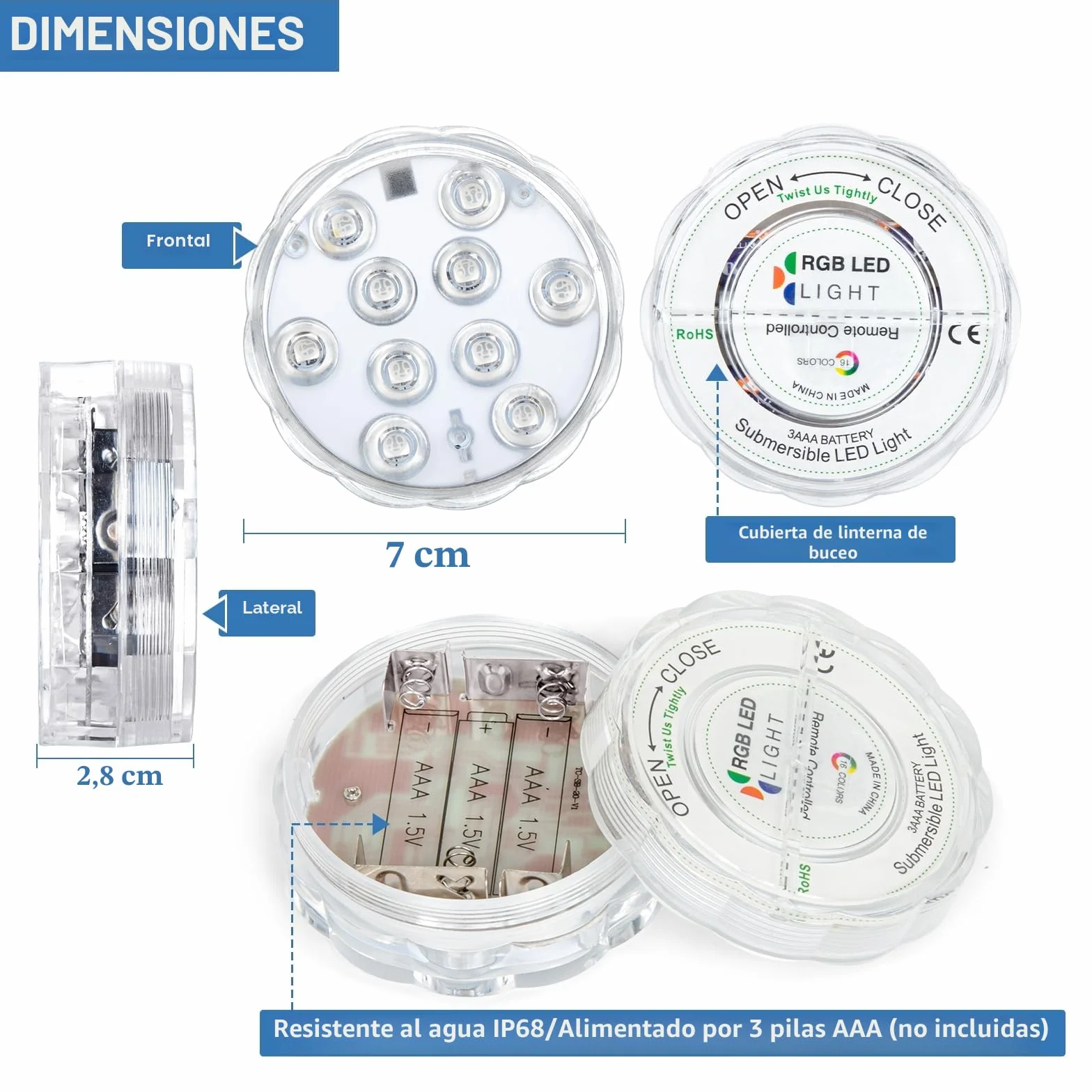 Luces Led Sumergibles RGB Multicolor Impermeables Control Remoto 2 Set